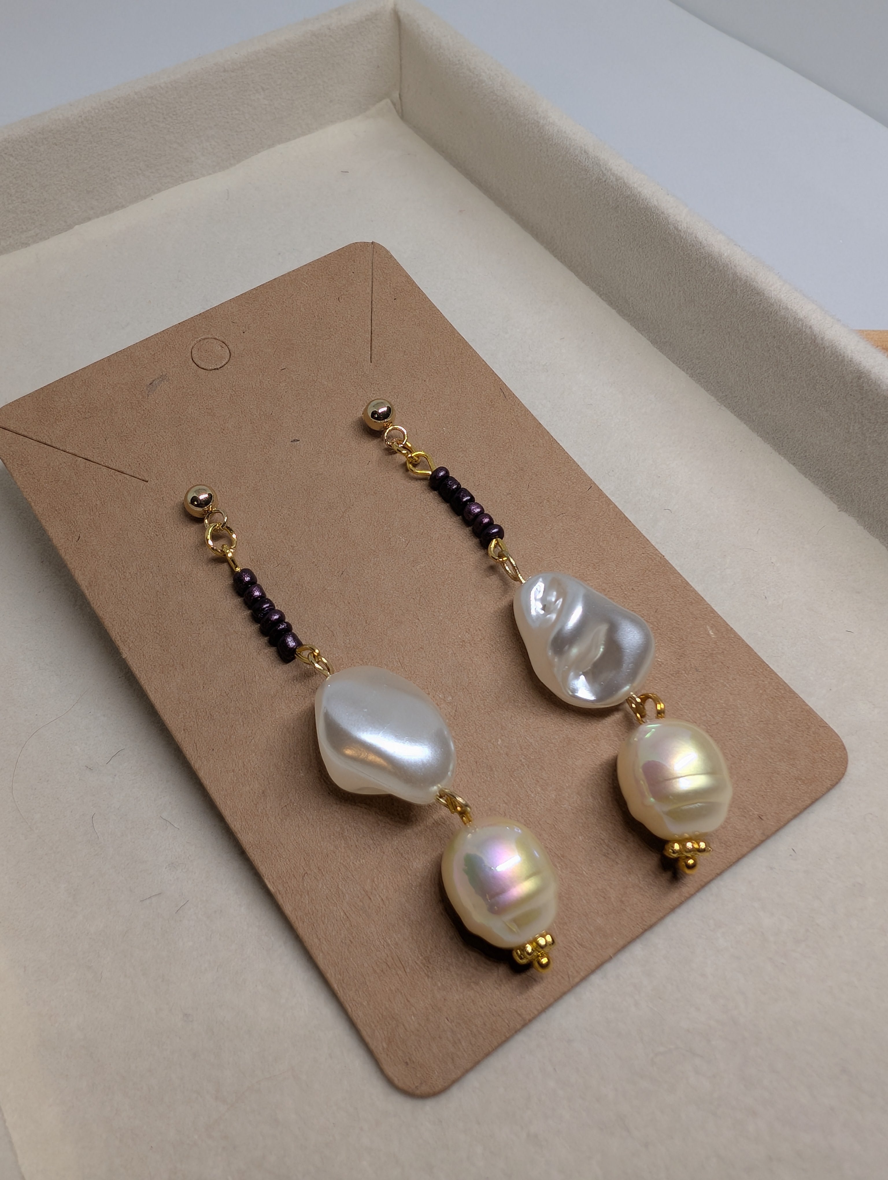 Plum And Pearl Drop, handmade beaded earrings in white, purple and gold