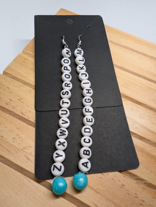 A To Z Alphabet Drops, handmade beaded earrings in white, black, blue and silver