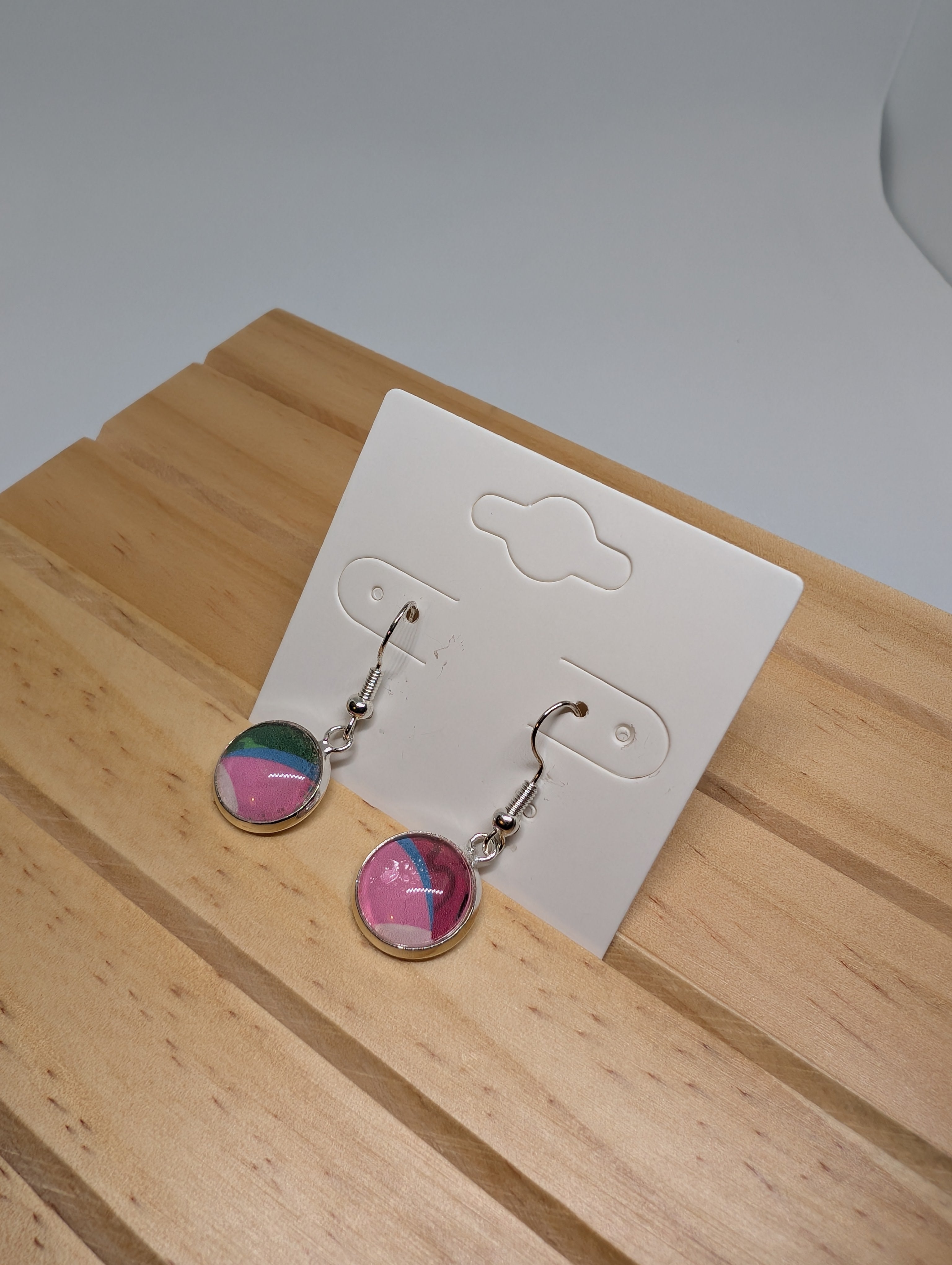 Pink And Teal Sweep, handmade beaded earrings in pink, blue, green and silver