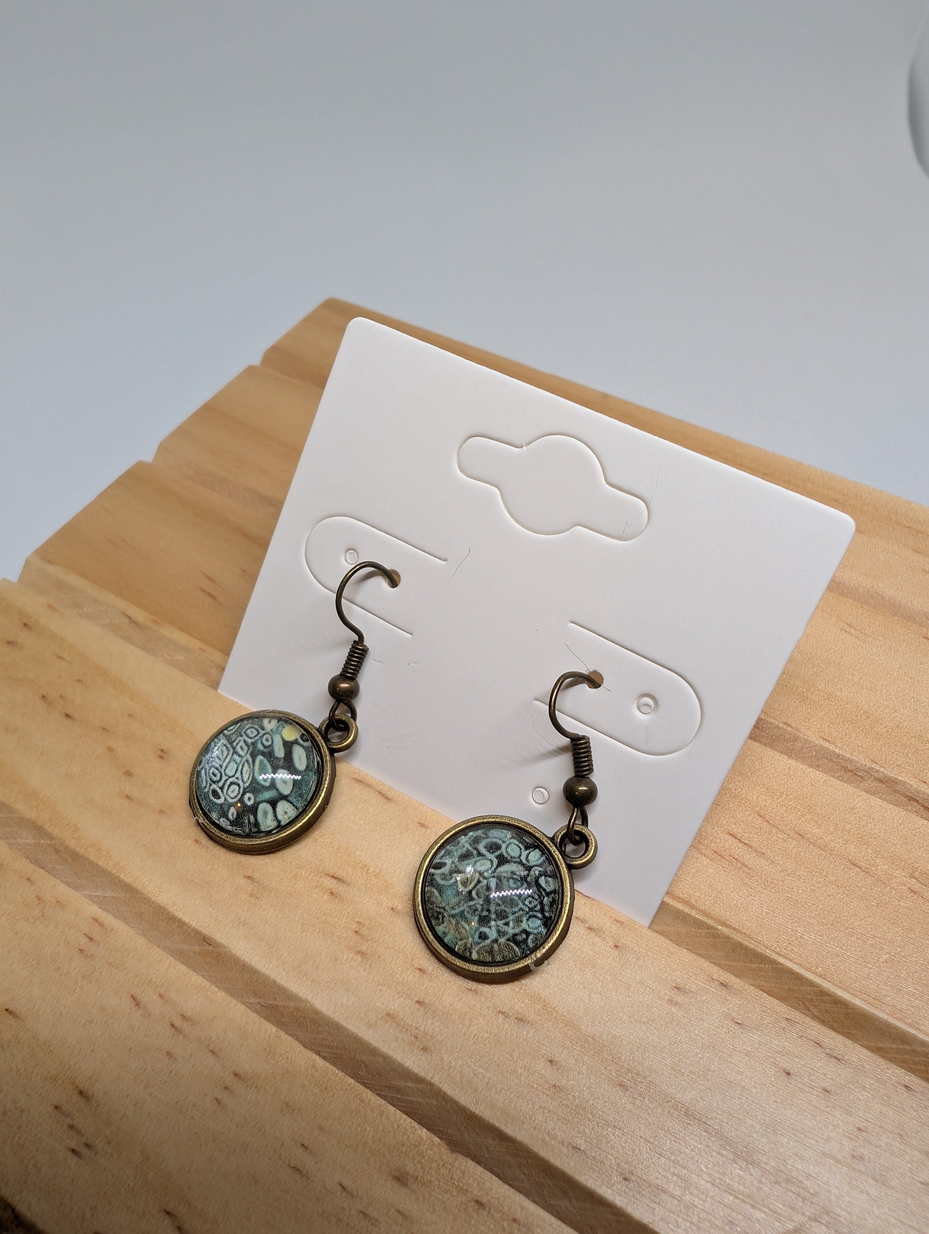 Sea Pebble Mosaic, handmade beaded earrings in green, blue and bronze