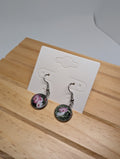 Pink Daisy Discs, handmade beaded earrings in pink, white, green and silver