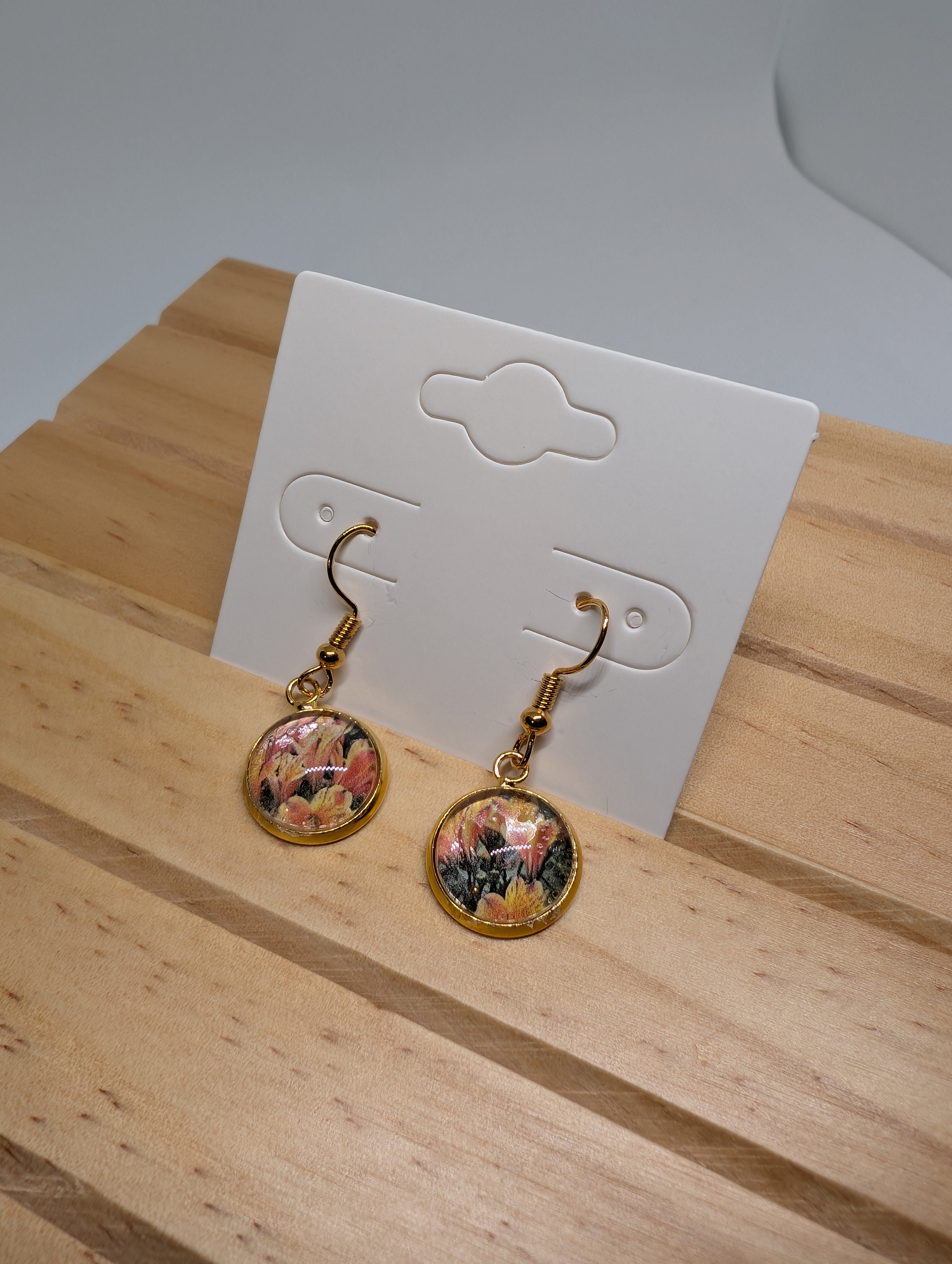 Peach Meadow Domes, handmade beaded earrings in orange, pink, green and gold