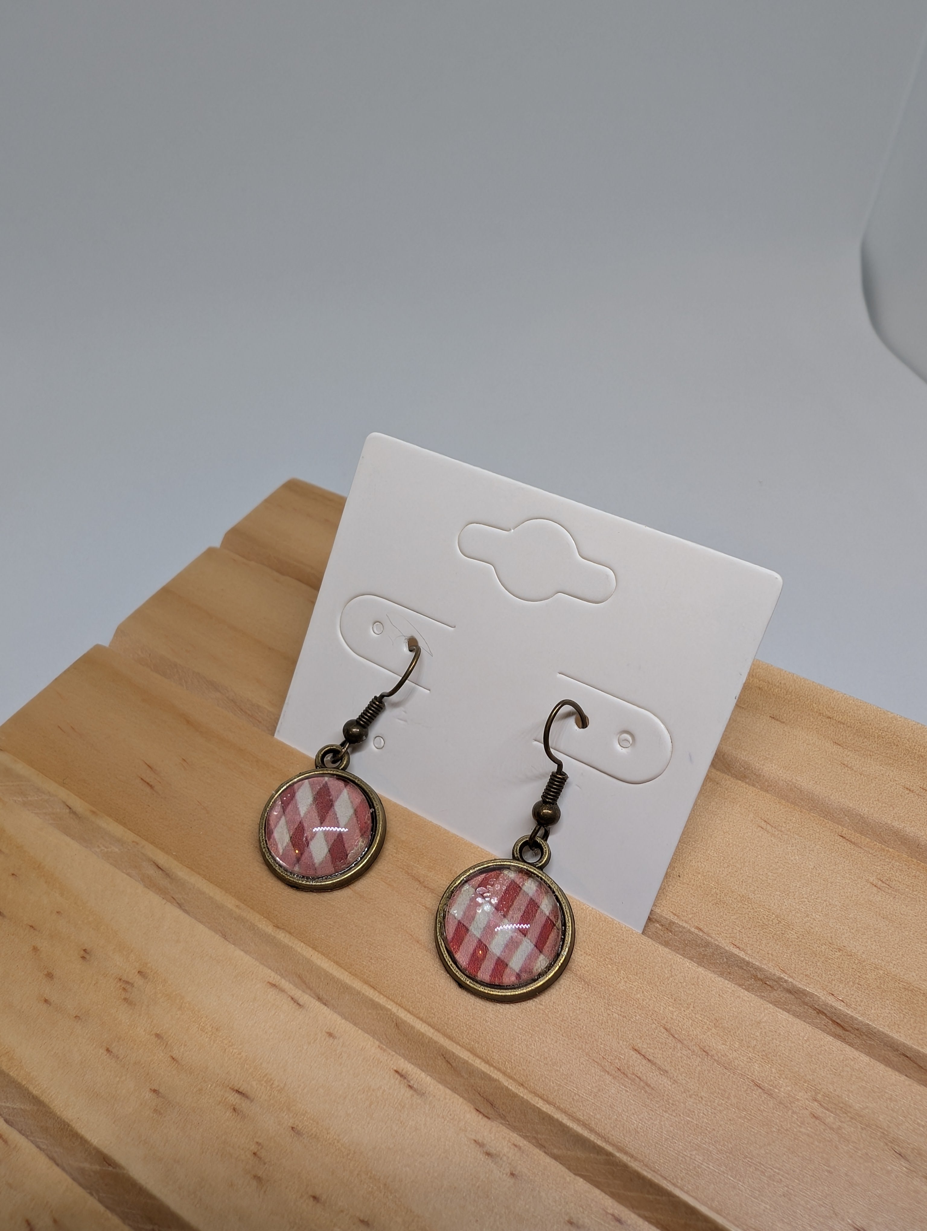Red Gingham Check, handmade beaded earrings in red, white and bronze