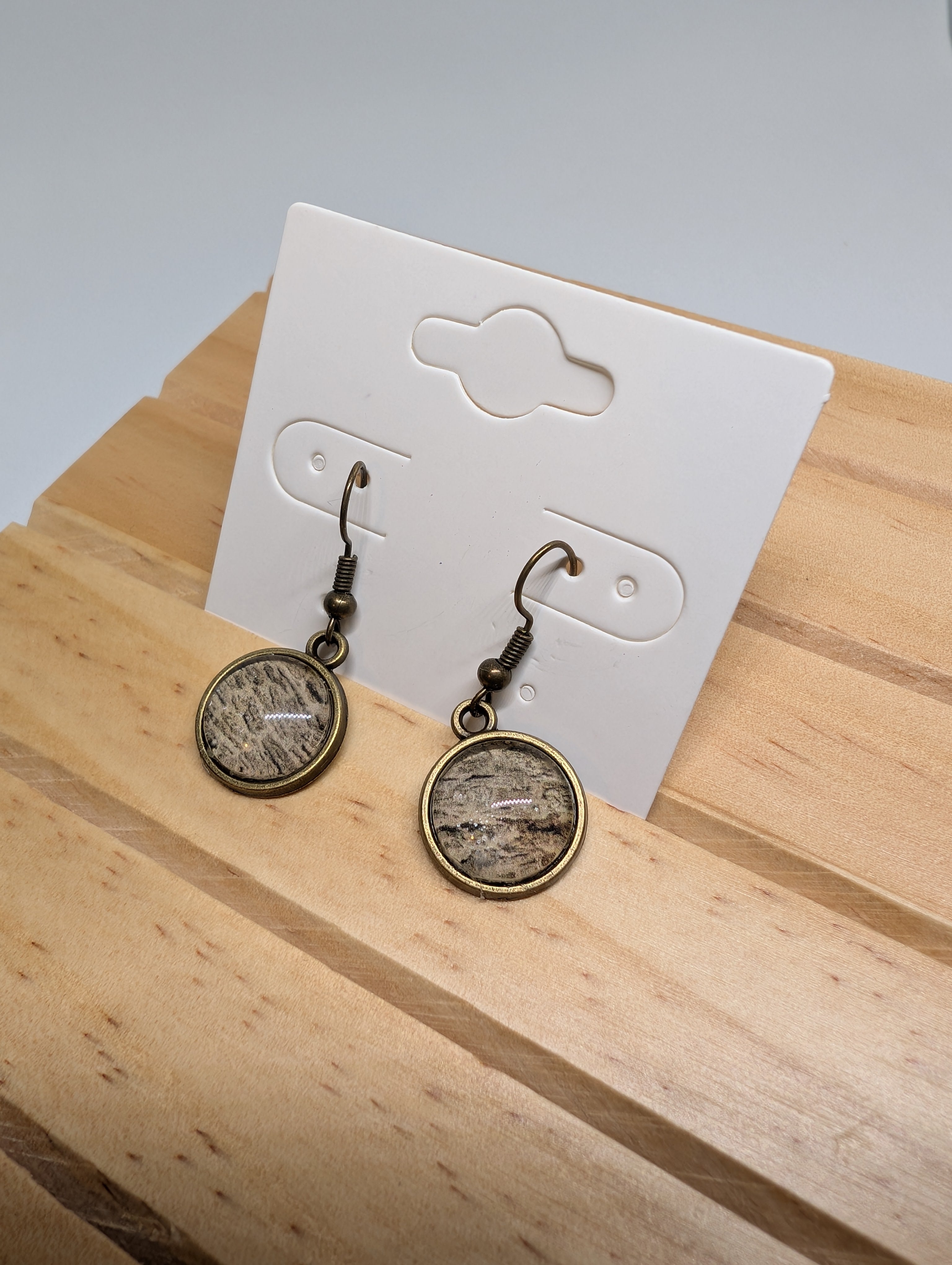 Bark And Stone, handmade beaded earrings in brown, grey and bronze