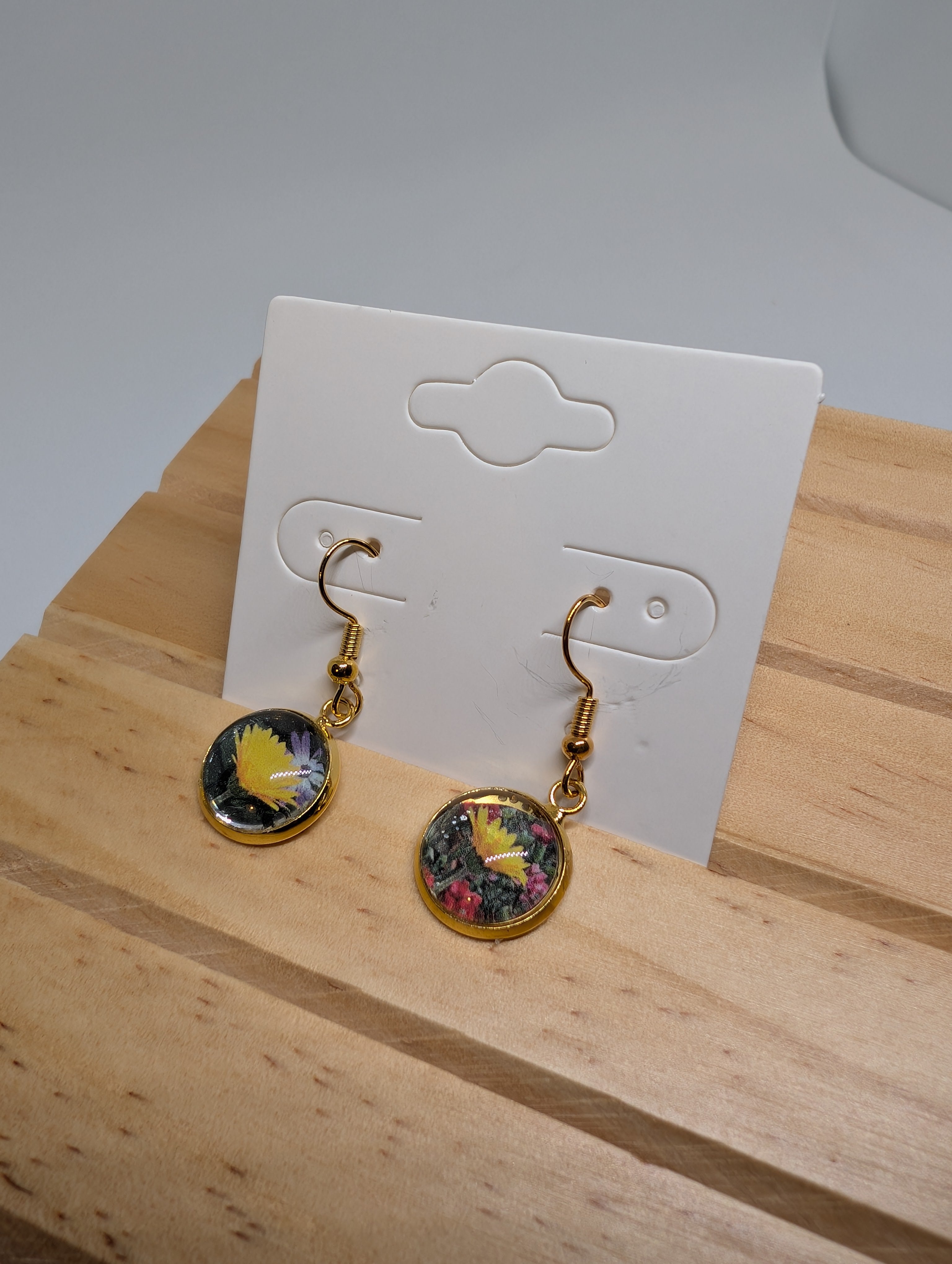 Yellow Bloom On Black, handmade beaded earrings in yellow, black, pink and gold