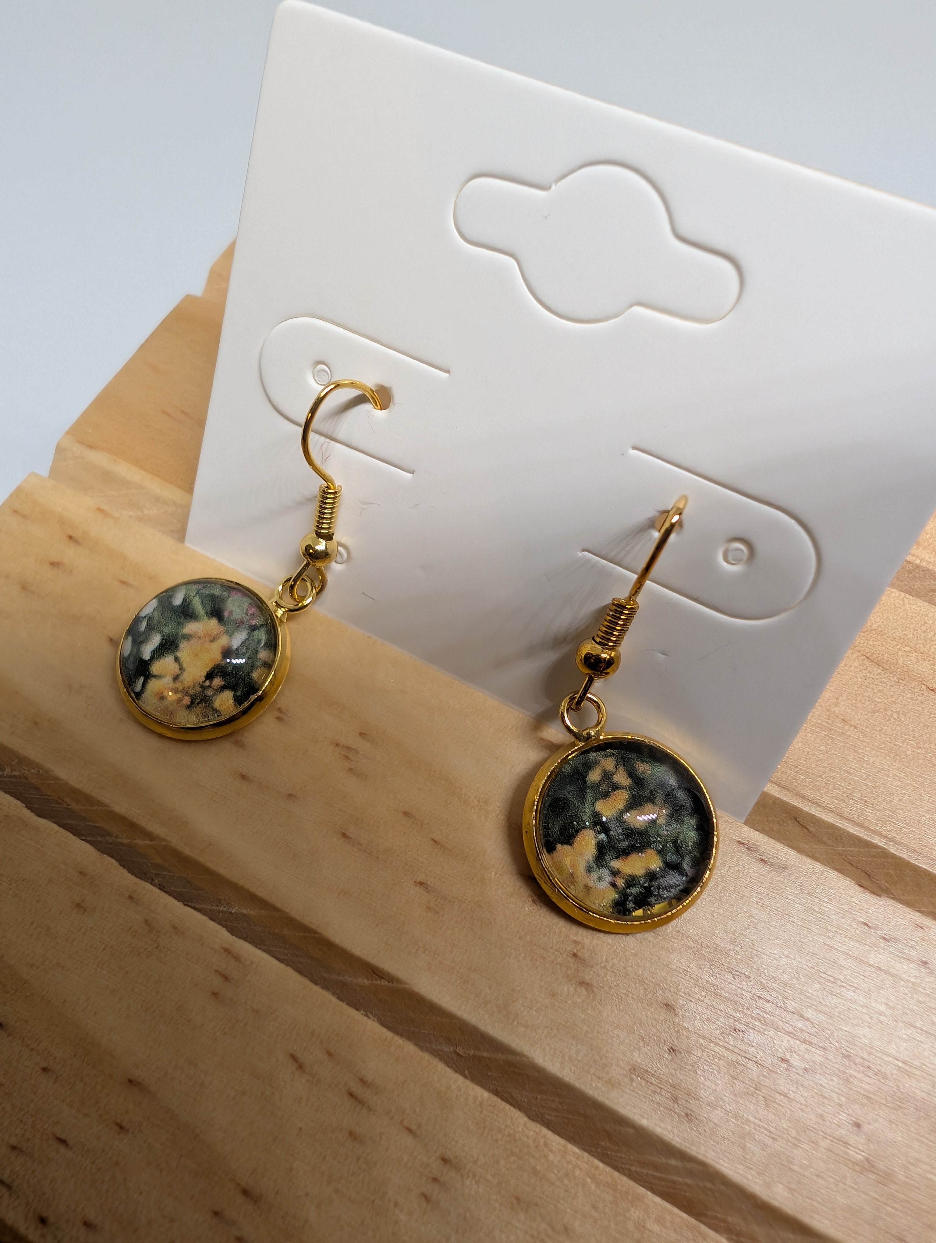 Moss And Lichen, handmade beaded earrings in green, yellow, black and gold