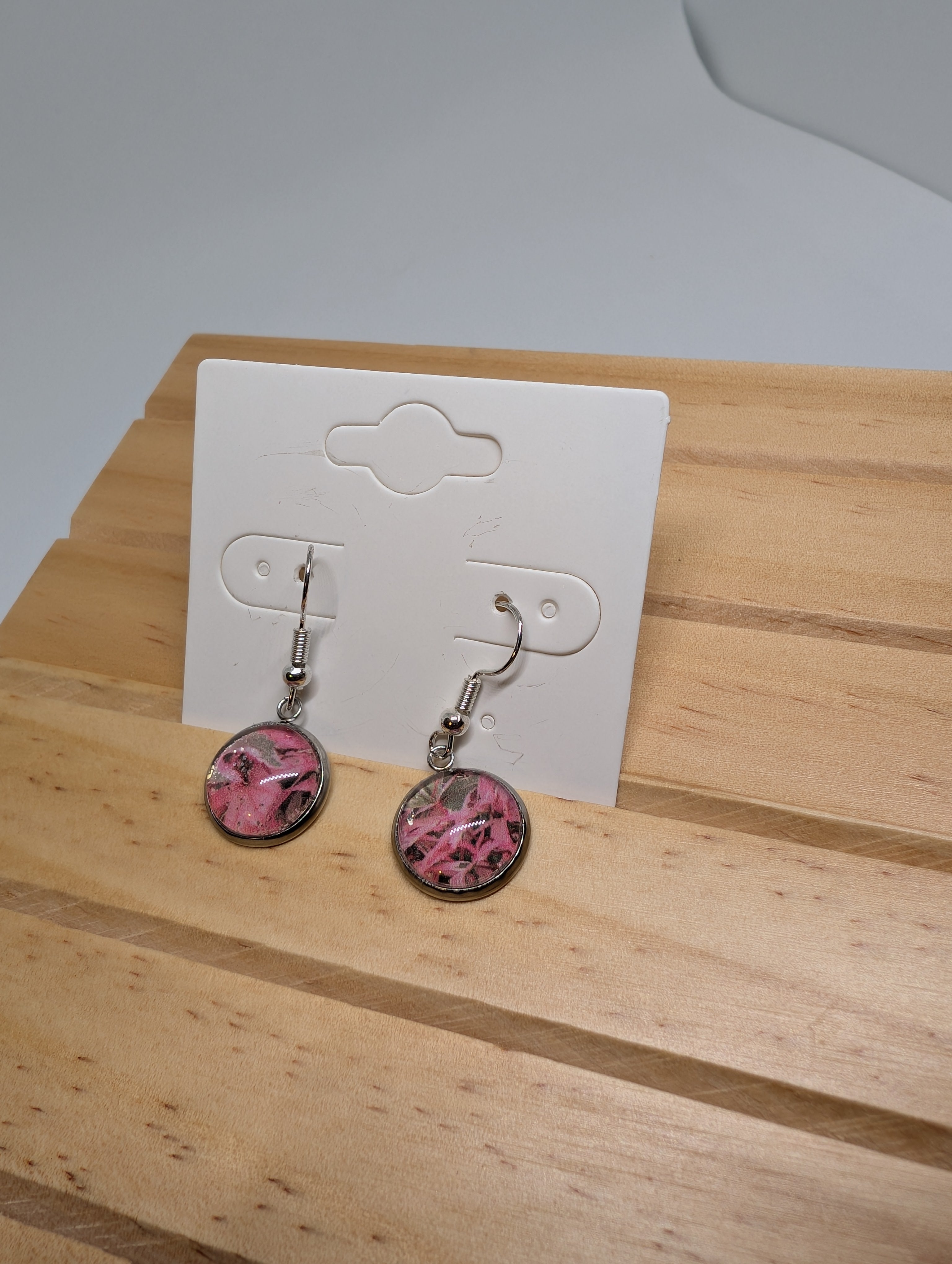 Pink Brushstroke Discs, handmade beaded earrings in pink, grey, black and silver