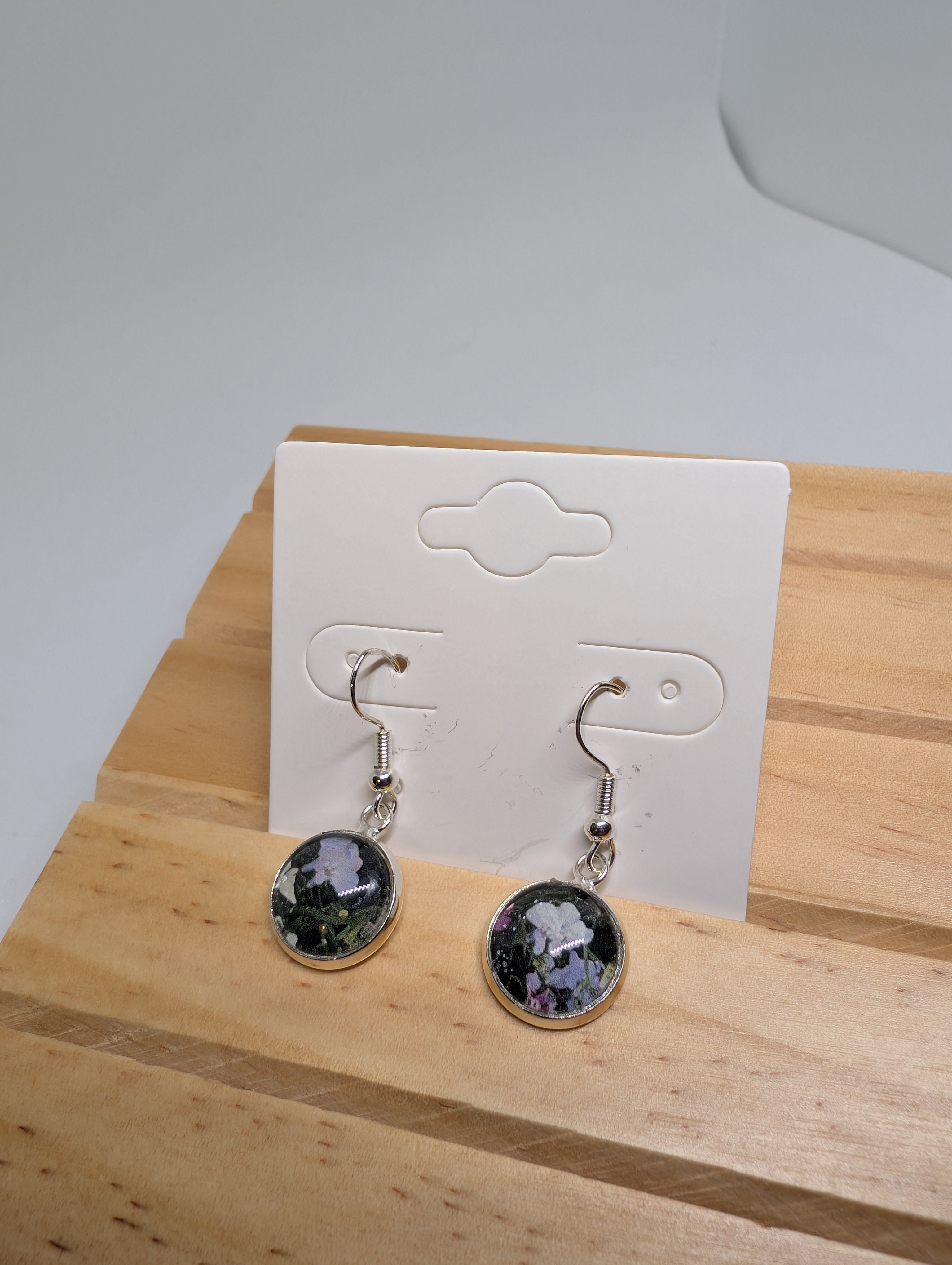 Night Garden Blooms, handmade beaded earrings in purple, green, black and silver