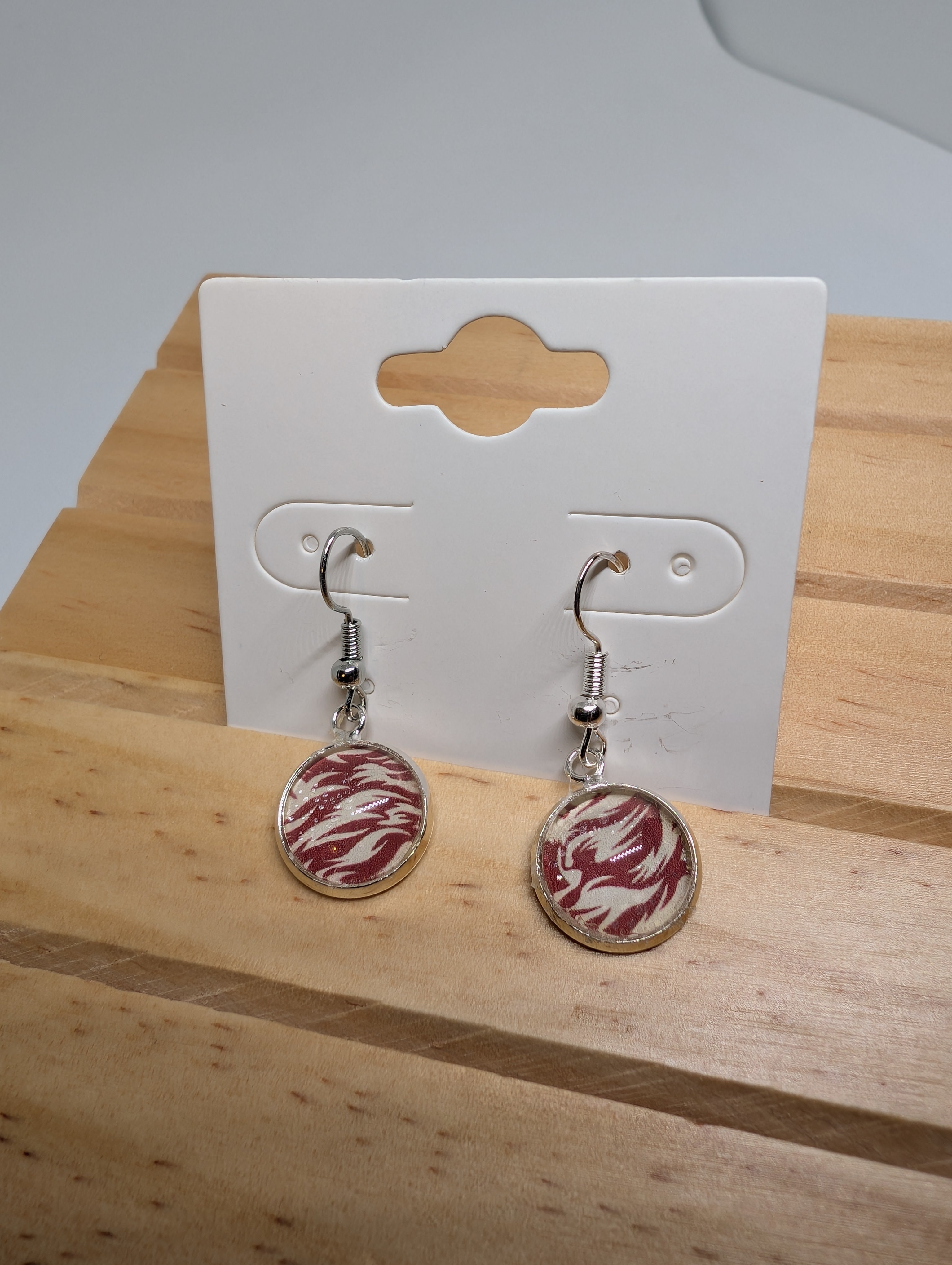 Crimson Swirl Rounds, handmade beaded earrings in red, white and silver