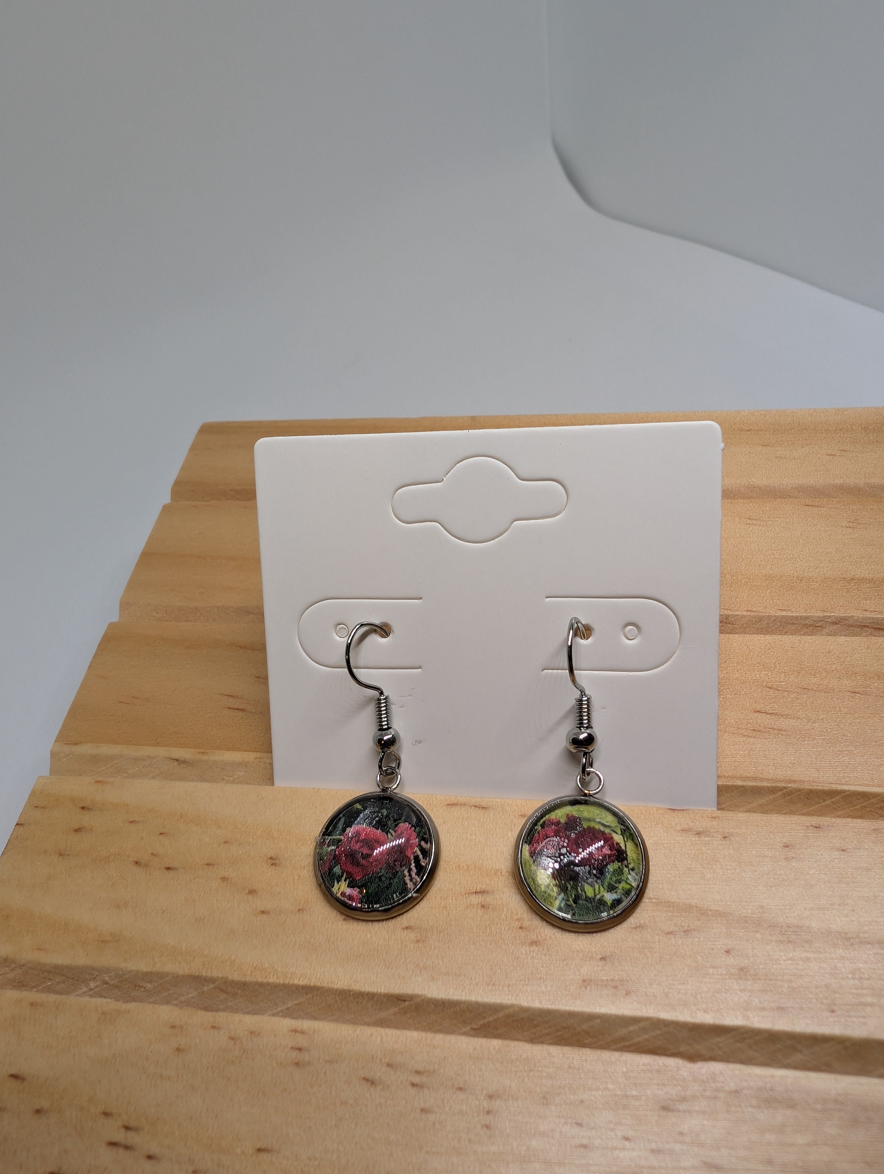 Deep Red Rose, handmade beaded earrings in red, green and silver