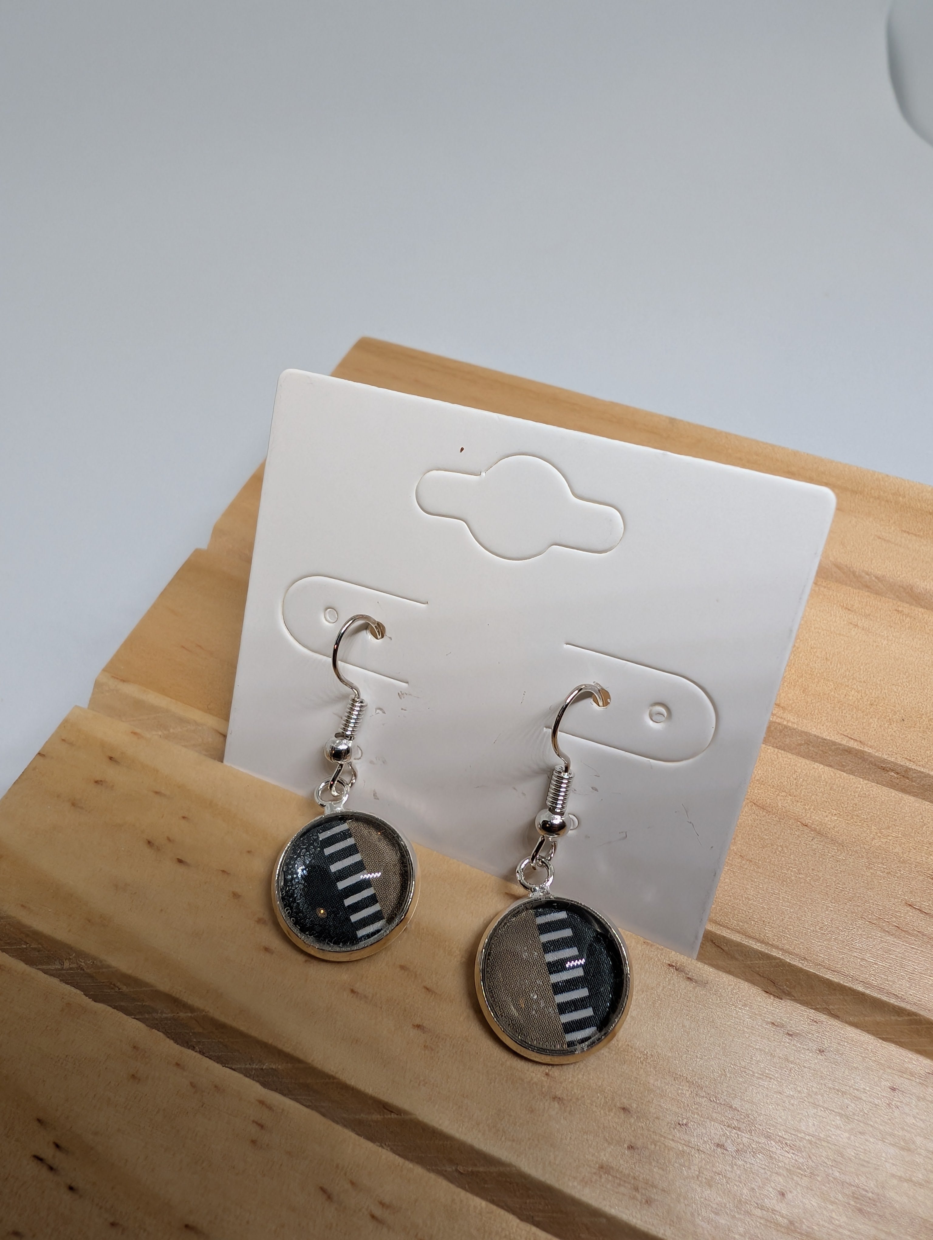 Piano Key Stripes, handmade beaded earrings in black, white, grey and silver