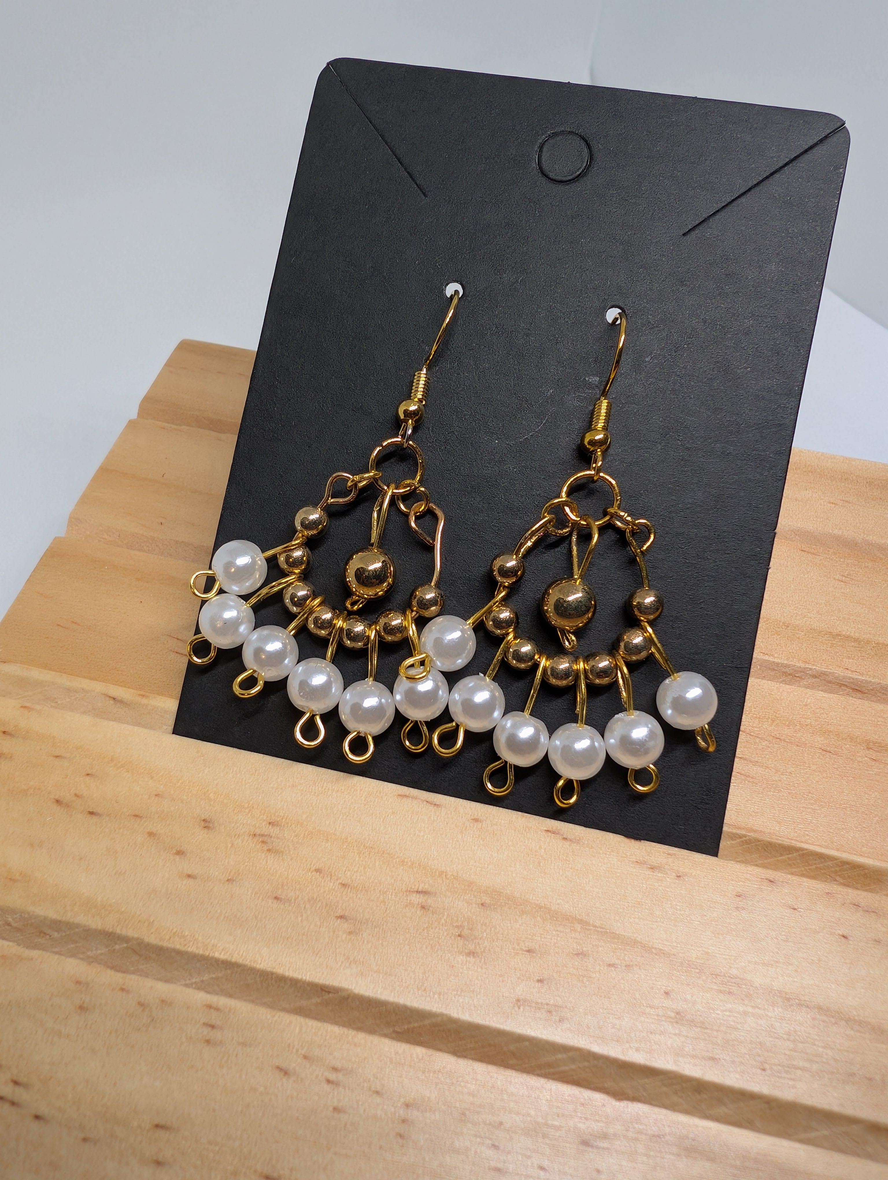 Pearl Drop Chandelier, handmade beaded earrings in gold and white
