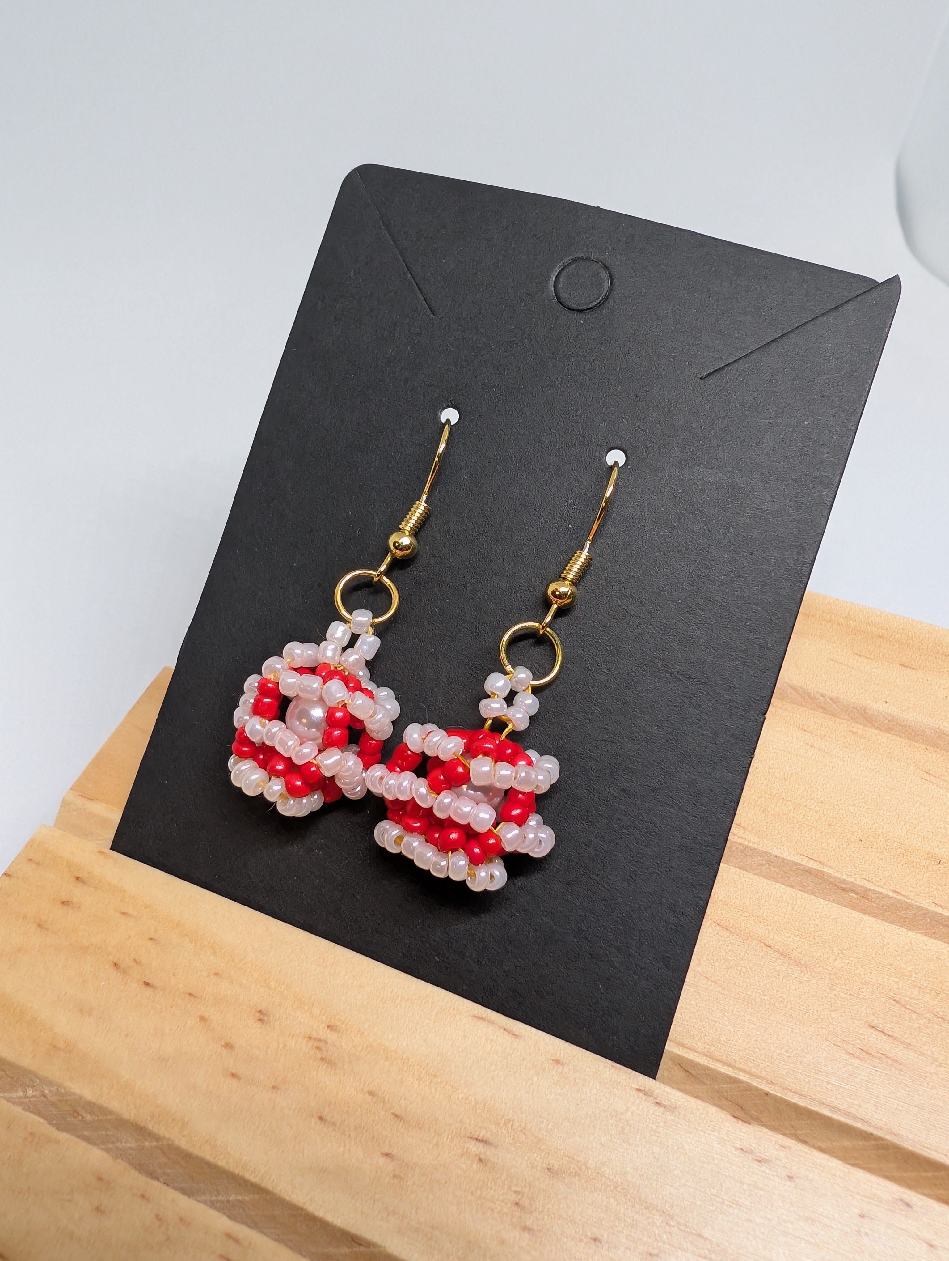 Cherry Blossom Cluster, handmade beaded earrings in red, pink, white and gold