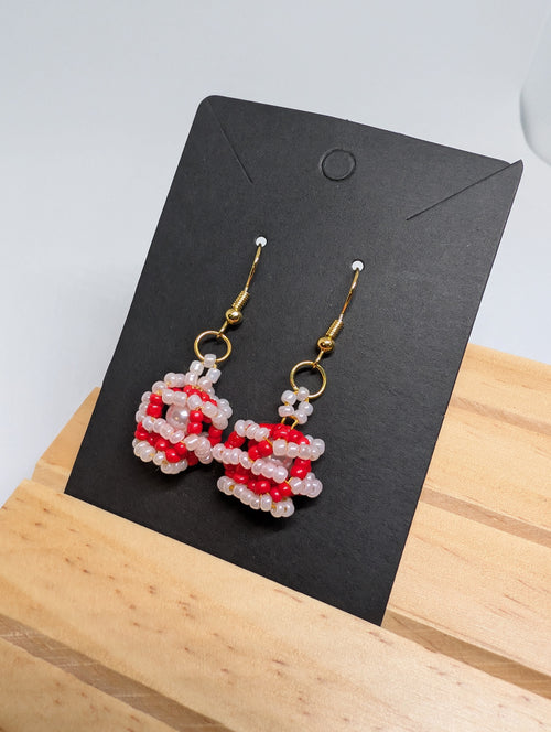 Cherry Blossom Cluster, handmade beaded earrings in red, pink, white and gold