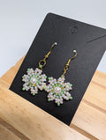 Mint Blossom Rosettes, handmade beaded earrings in green, white, pink and gold