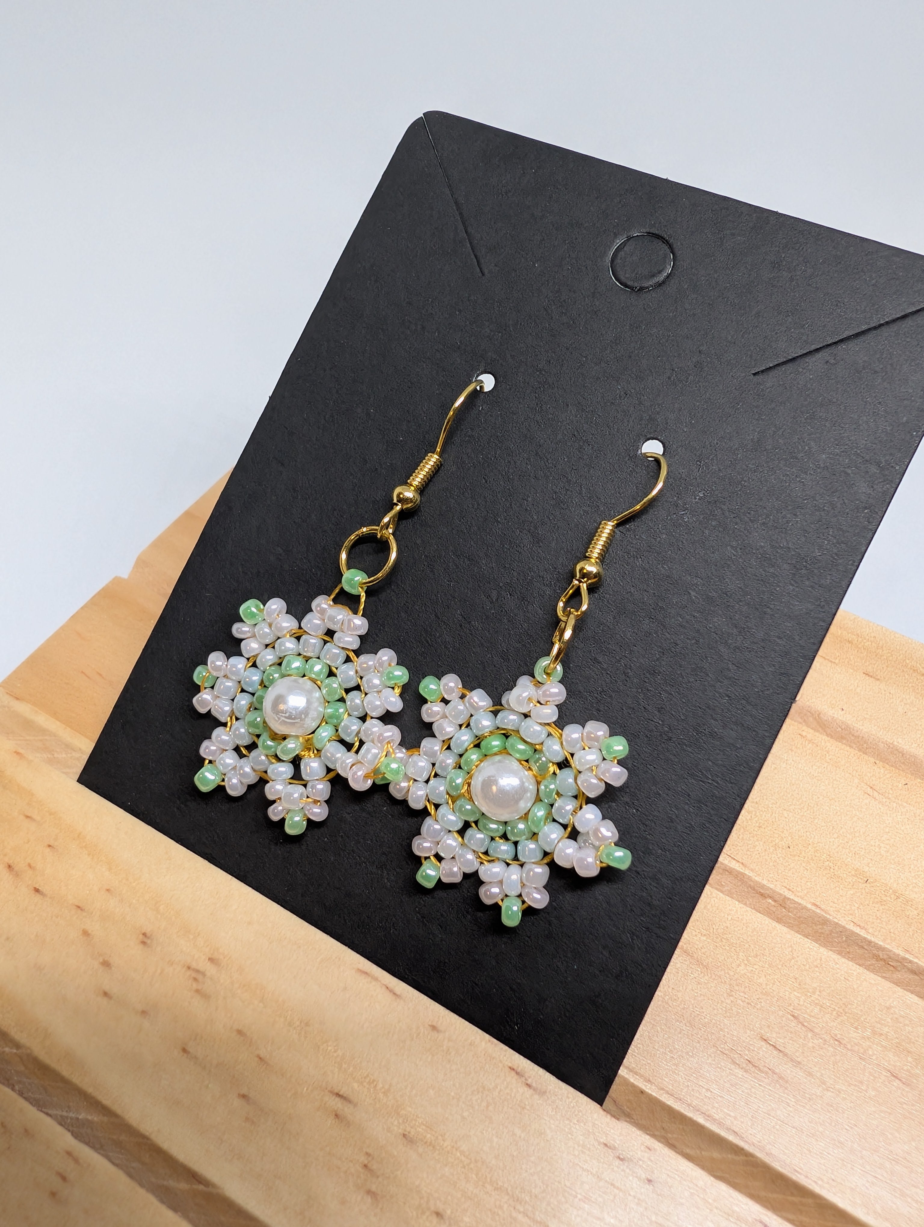 Mint Blossom Rosettes, handmade beaded earrings in green, white, pink and gold