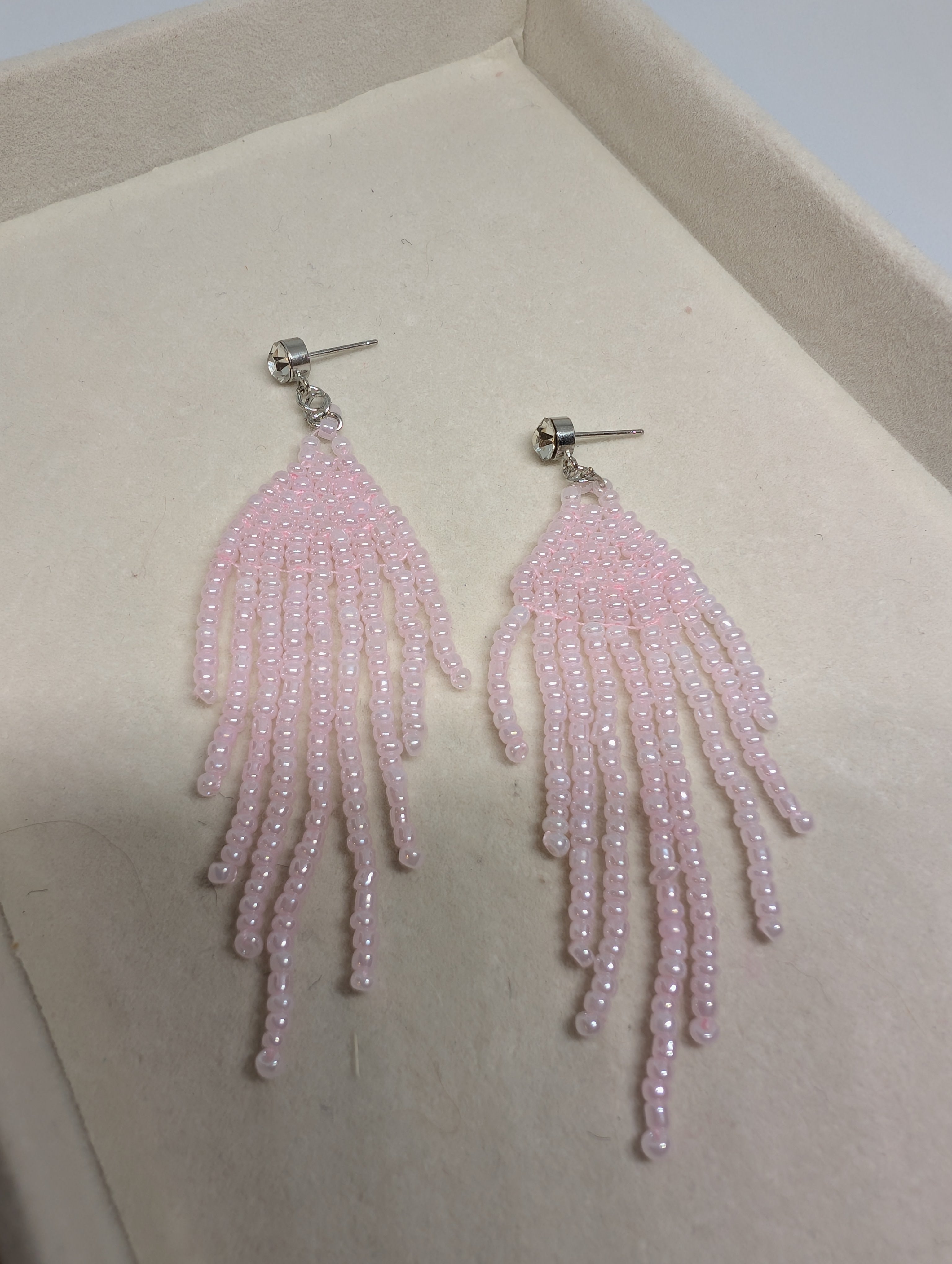 Pale Pink Fringe, handmade beaded earrings in pink and silver