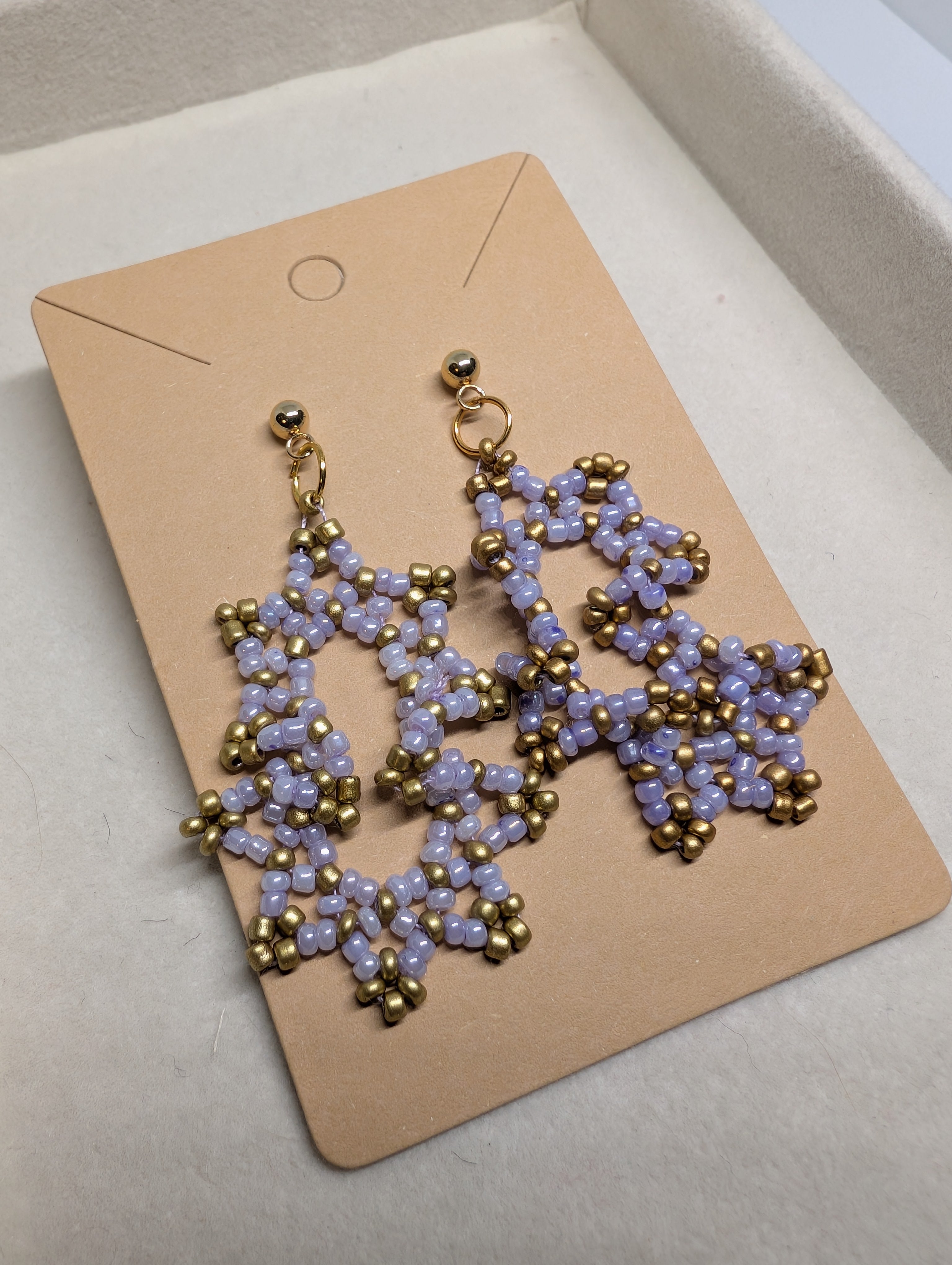 Lilac Openwork Panel, handmade beaded earrings in purple, gold and bronze