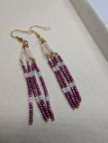 Magenta Tassel Strands, handmade beaded earrings in pink, purple, white and gold