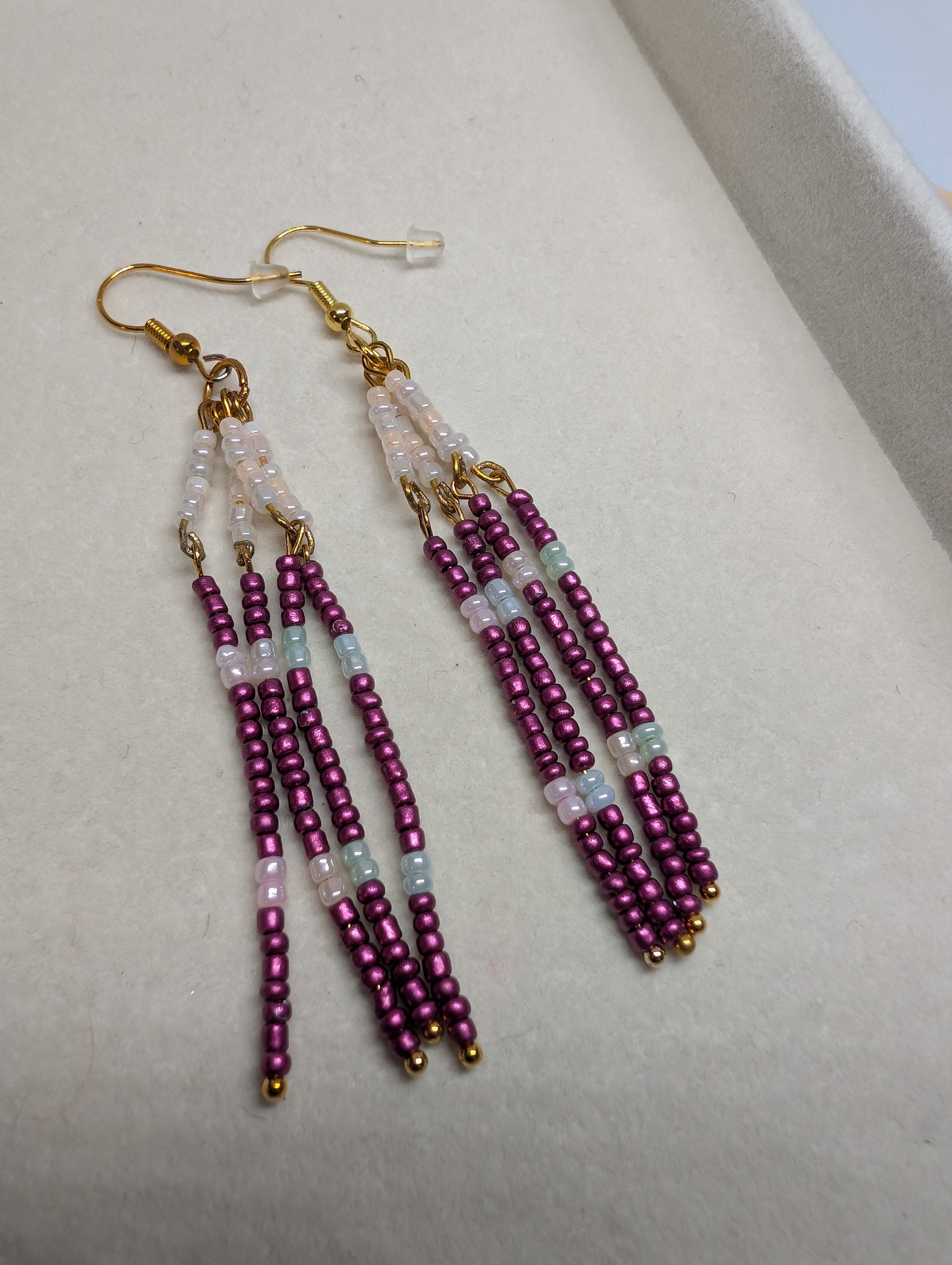 Magenta Tassel Strands, handmade beaded earrings in pink, purple, white and gold