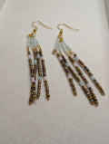 Bronze Twilight Strands, handmade beaded earrings in bronze, gold, blue and pink