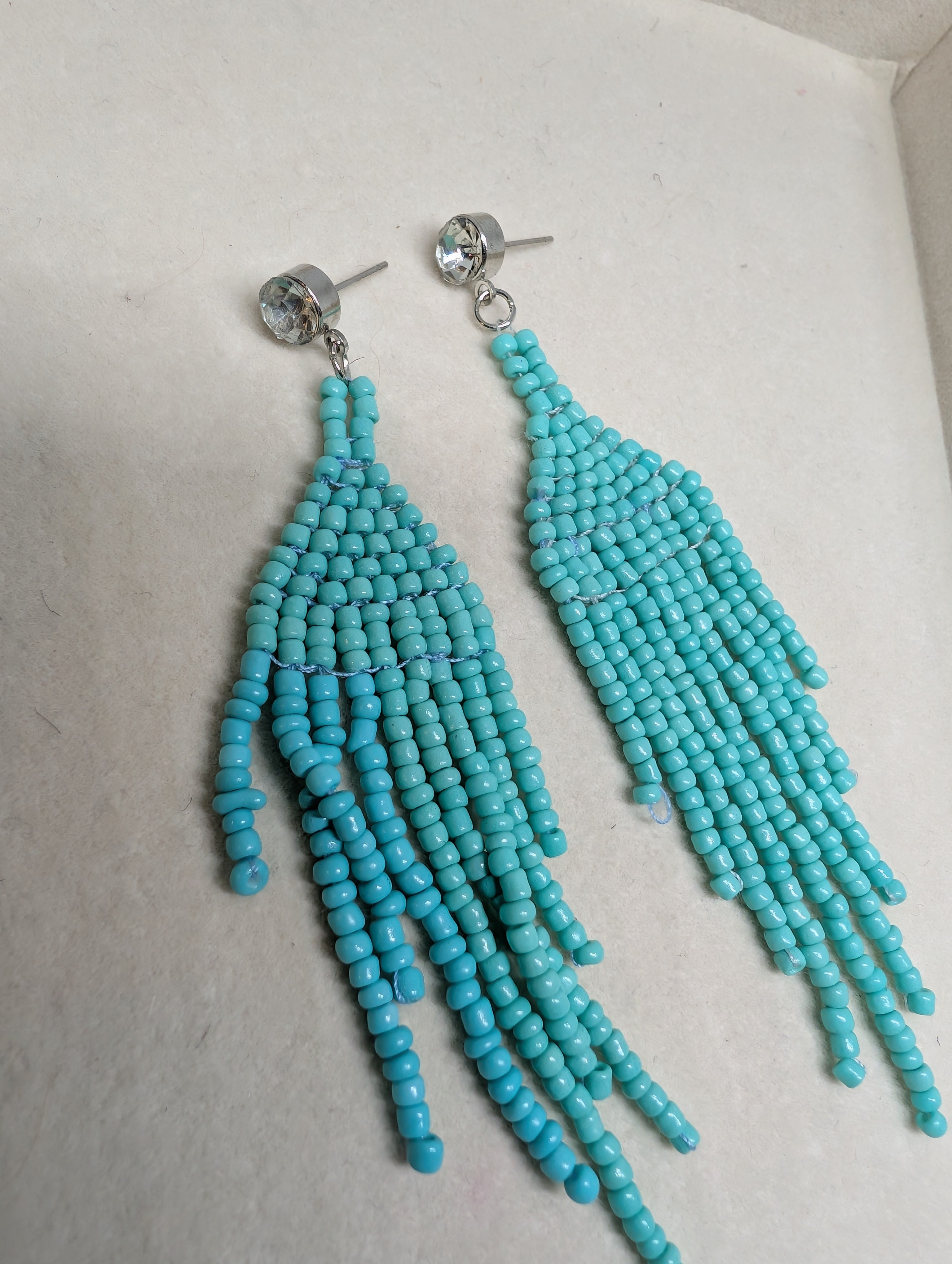 Aqua Waterfall Fringe, handmade beaded earrings in blue and silver