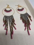 Gold Hoop Bronze Fringe, handmade beaded earrings in gold, pink, silver and bronze