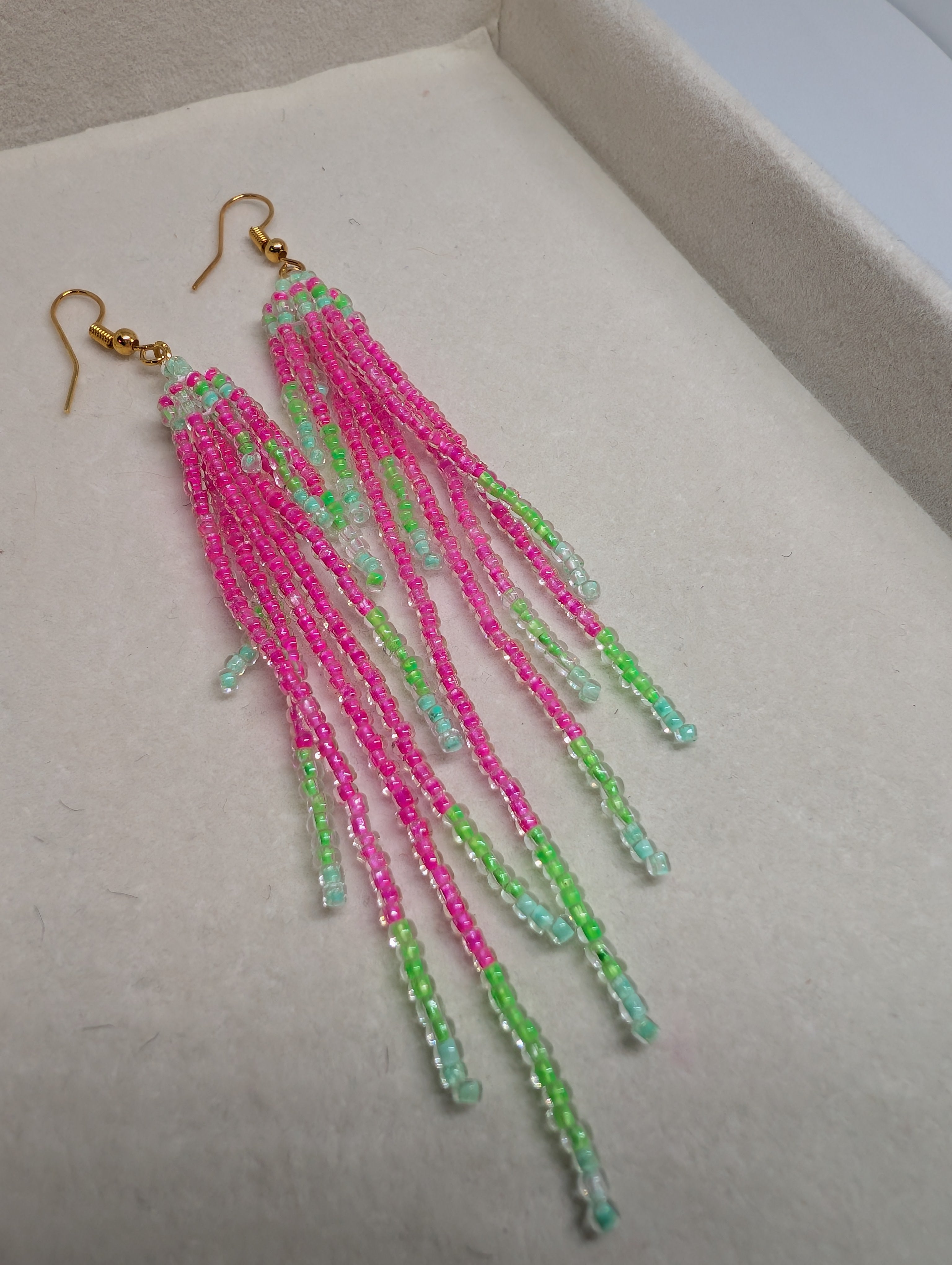 Watermelon Fringe Drops, handmade beaded earrings in pink, green, blue and gold