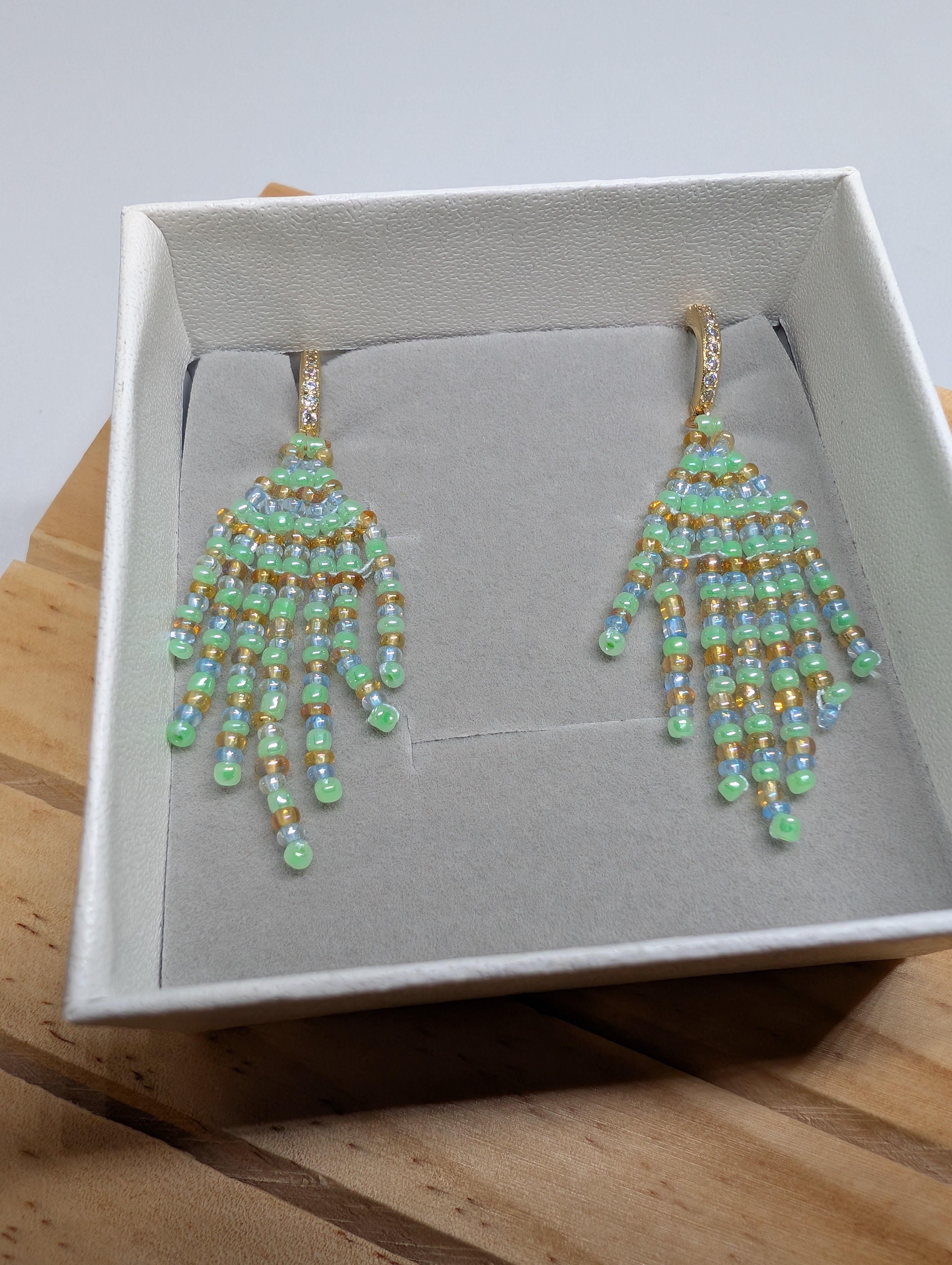 Green Meadow Chandelier, handmade beaded earrings in green, gold and blue