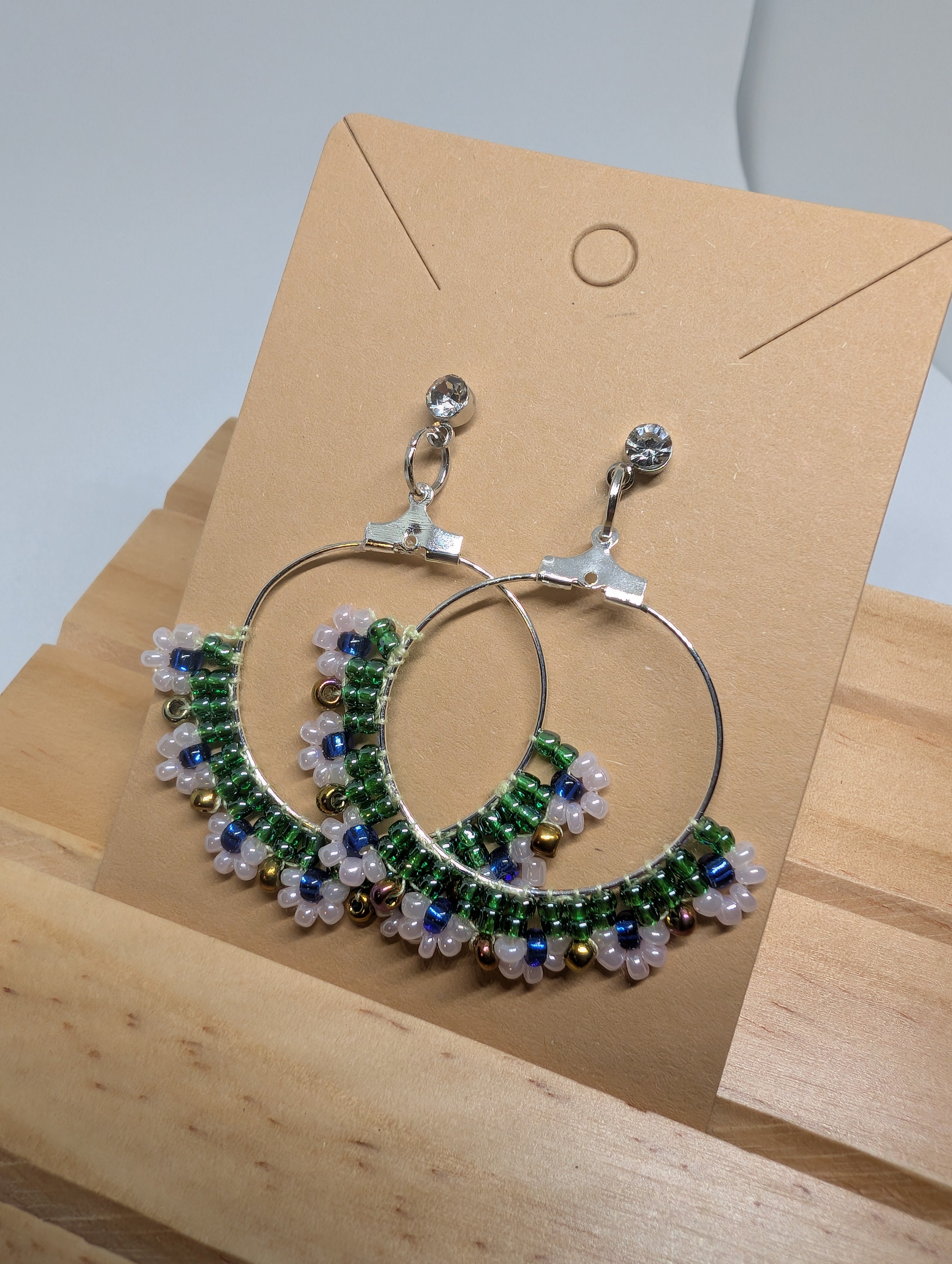 Forest Fringe Hoops, handmade beaded earrings in green, silver, pink and blue