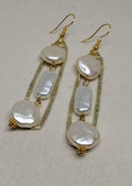 Pearl Ladder Drops, handmade beaded earrings in white and gold