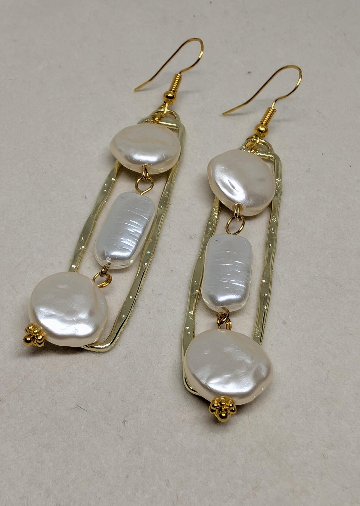 Pearl Ladder Drops, handmade beaded earrings in white and gold