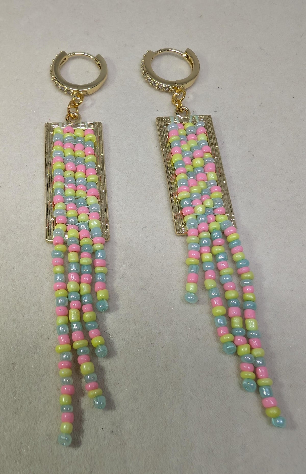 Sherbet Fringe Bars, handmade beaded earrings in pink, green, yellow and gold