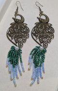 Peacock Fringe Drops, handmade beaded earrings in green, blue and bronze