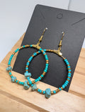 Turquoise And Brass Ring, handmade beaded earrings in blue, green, bronze and gold