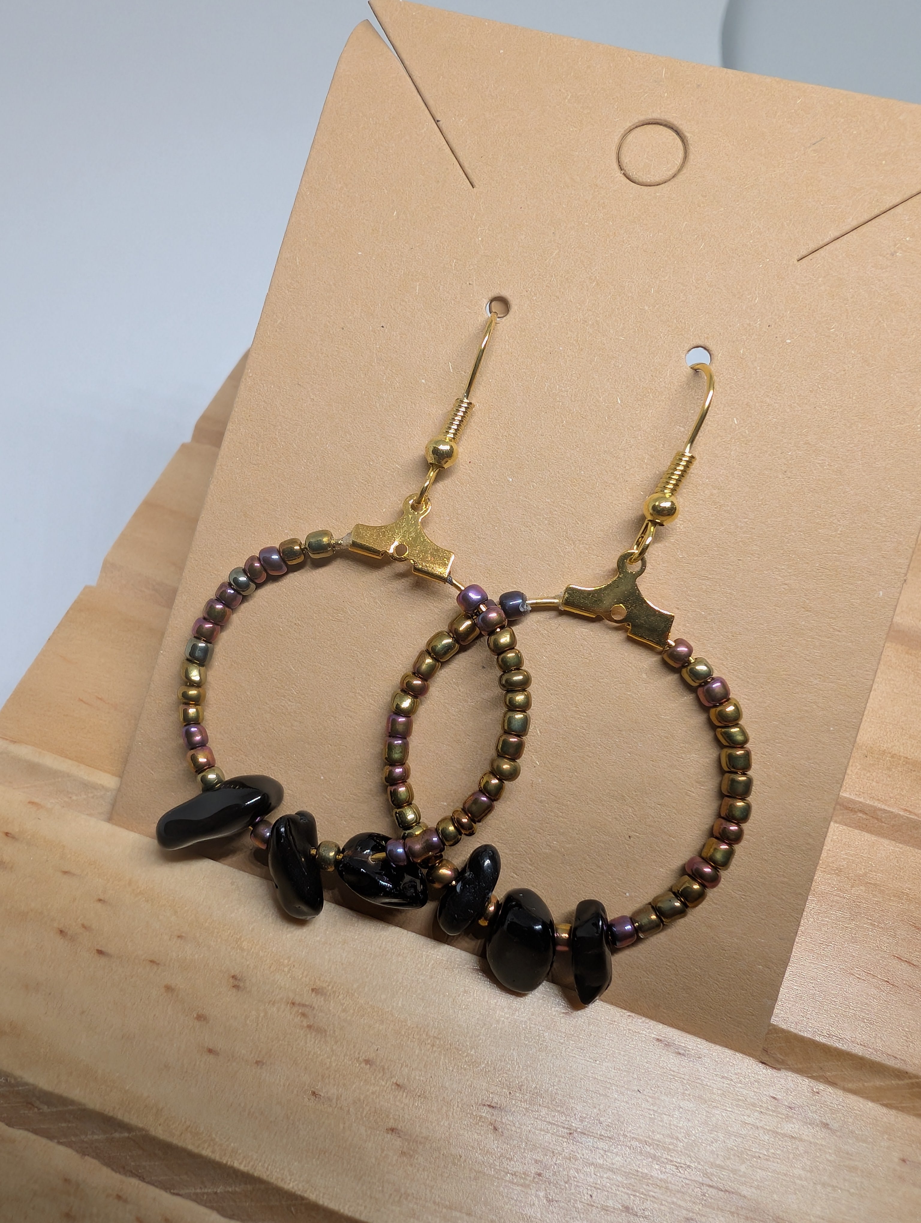 Midnight Bronze Hoop, handmade beaded earrings in black, bronze, purple and gold