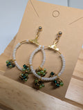 Ivy Cluster Pearl Hoop, handmade beaded earrings in white, green and gold