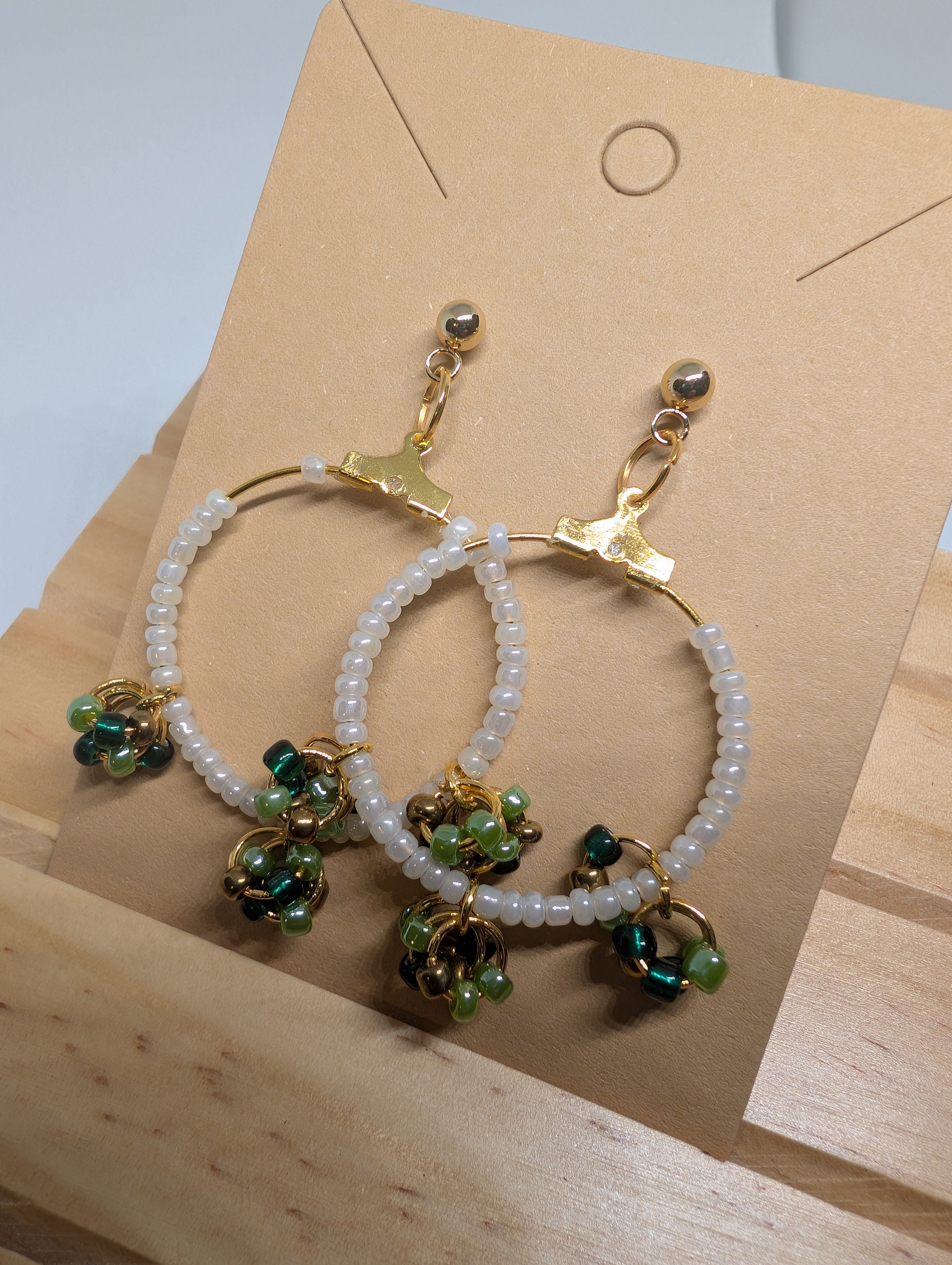 Ivy Cluster Pearl Hoop, handmade beaded earrings in white, green and gold