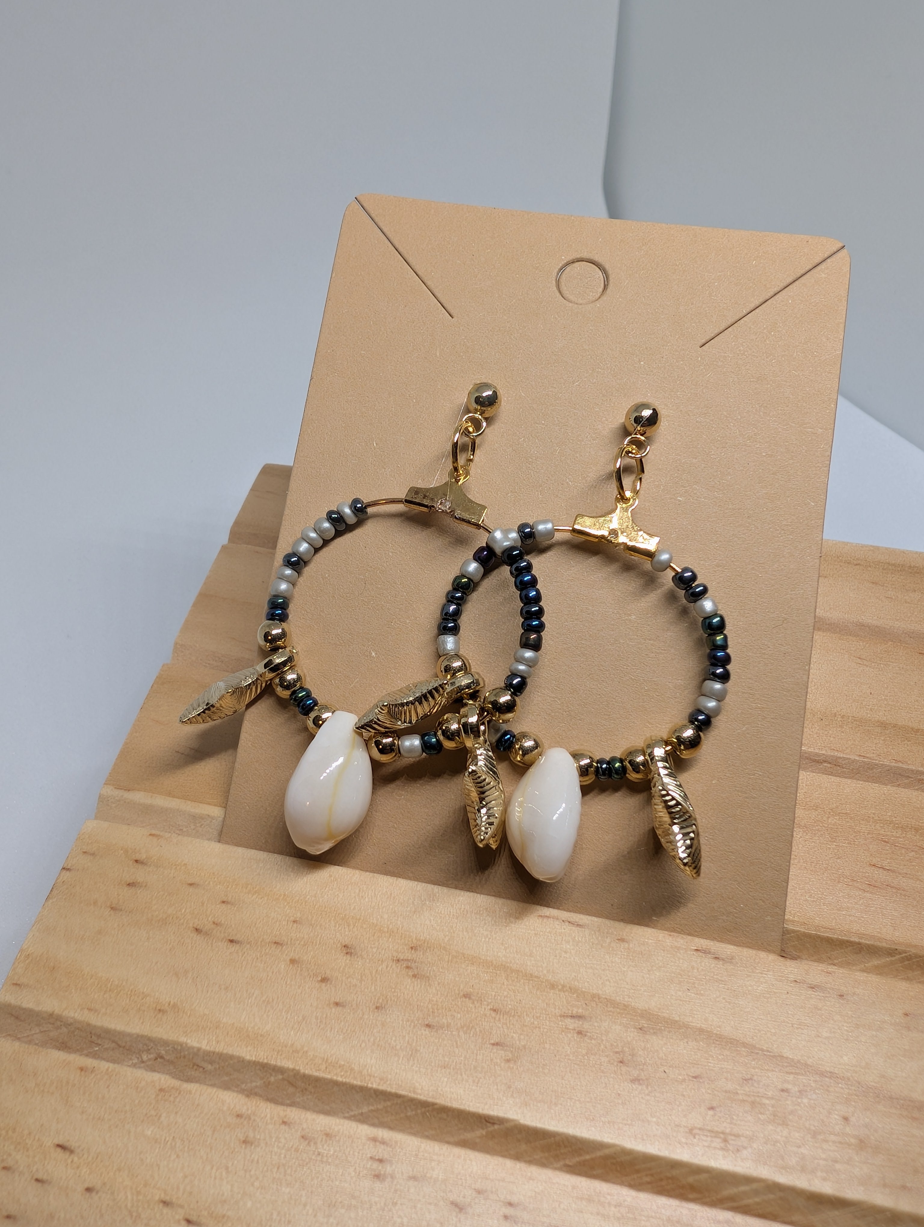 Cowrie Shell Beach Hoop, handmade beaded earrings in white, grey, blue and gold