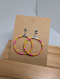 Pink Lemonade Hoop, handmade beaded earrings in pink, yellow and silver