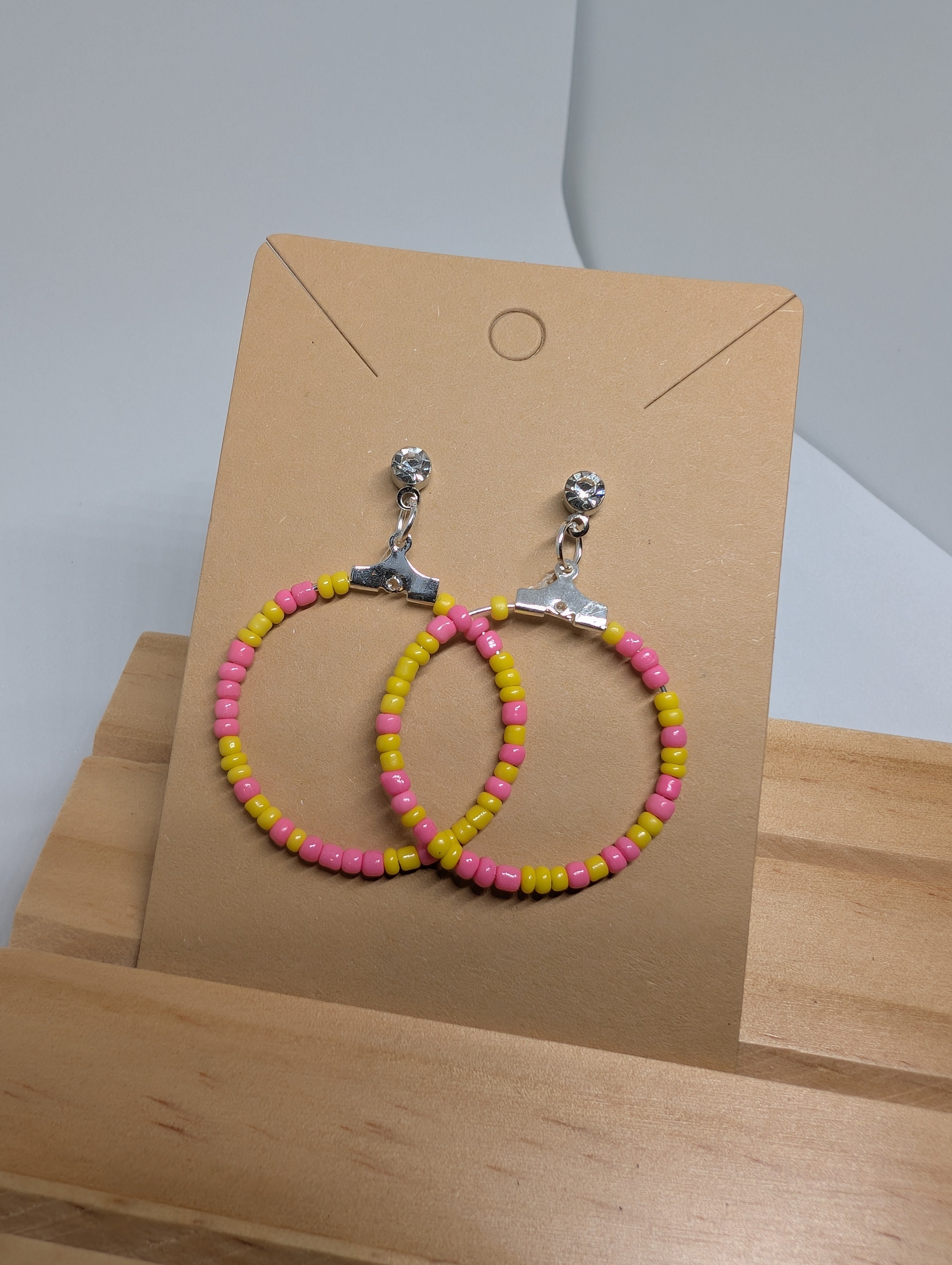 Pink Lemonade Hoop, handmade beaded earrings in pink, yellow and silver