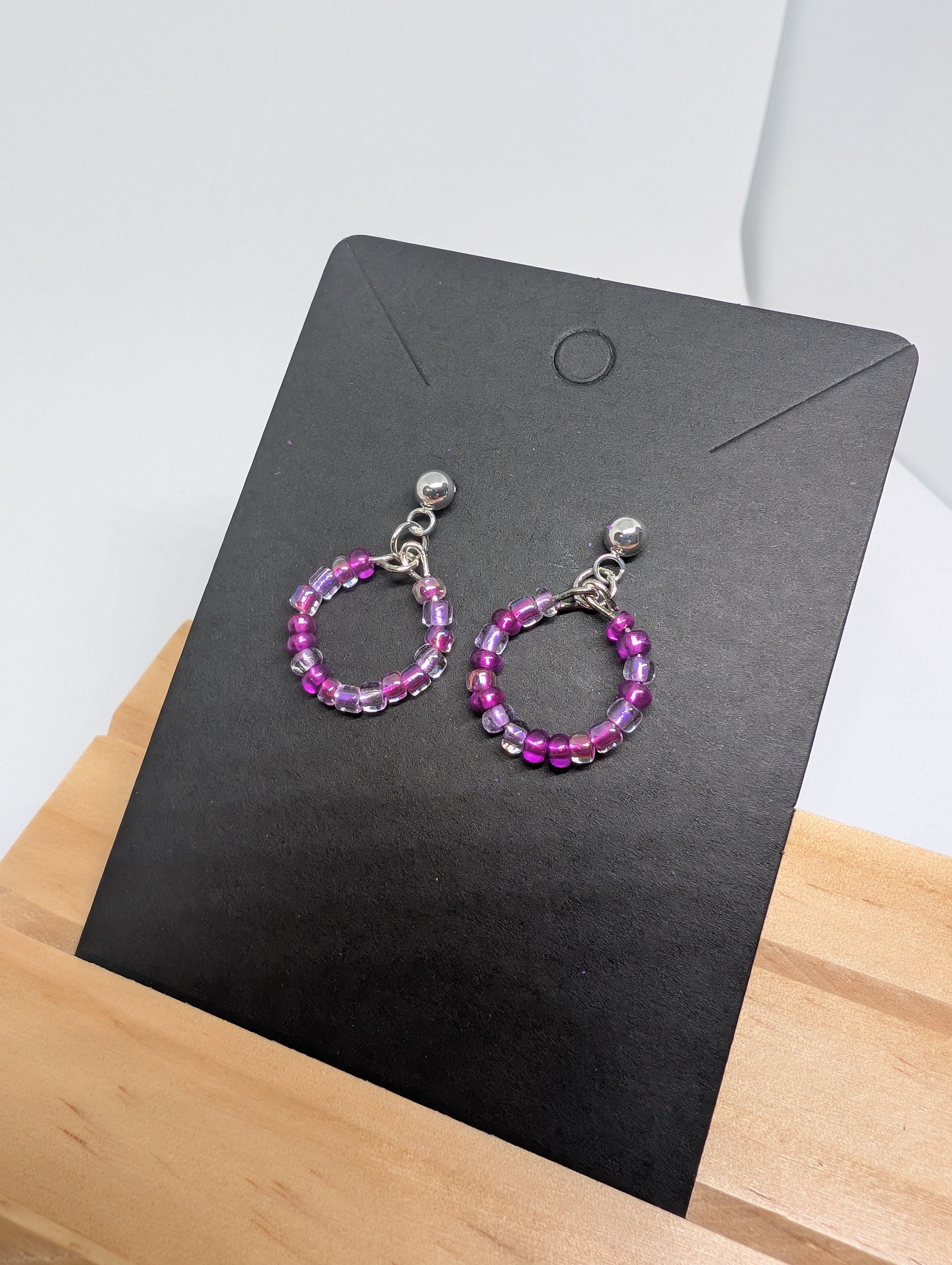 Berry Fizz Mini Hoop, handmade beaded earrings in pink, purple, clear and silver