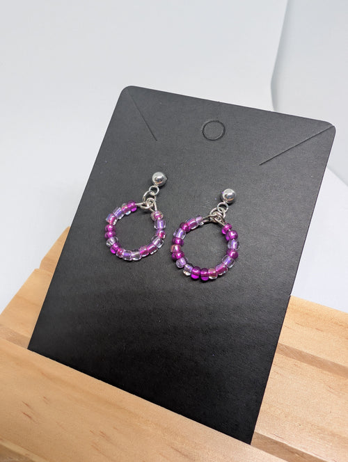 Berry Fizz Mini Hoop, handmade beaded earrings in pink, purple, clear and silver