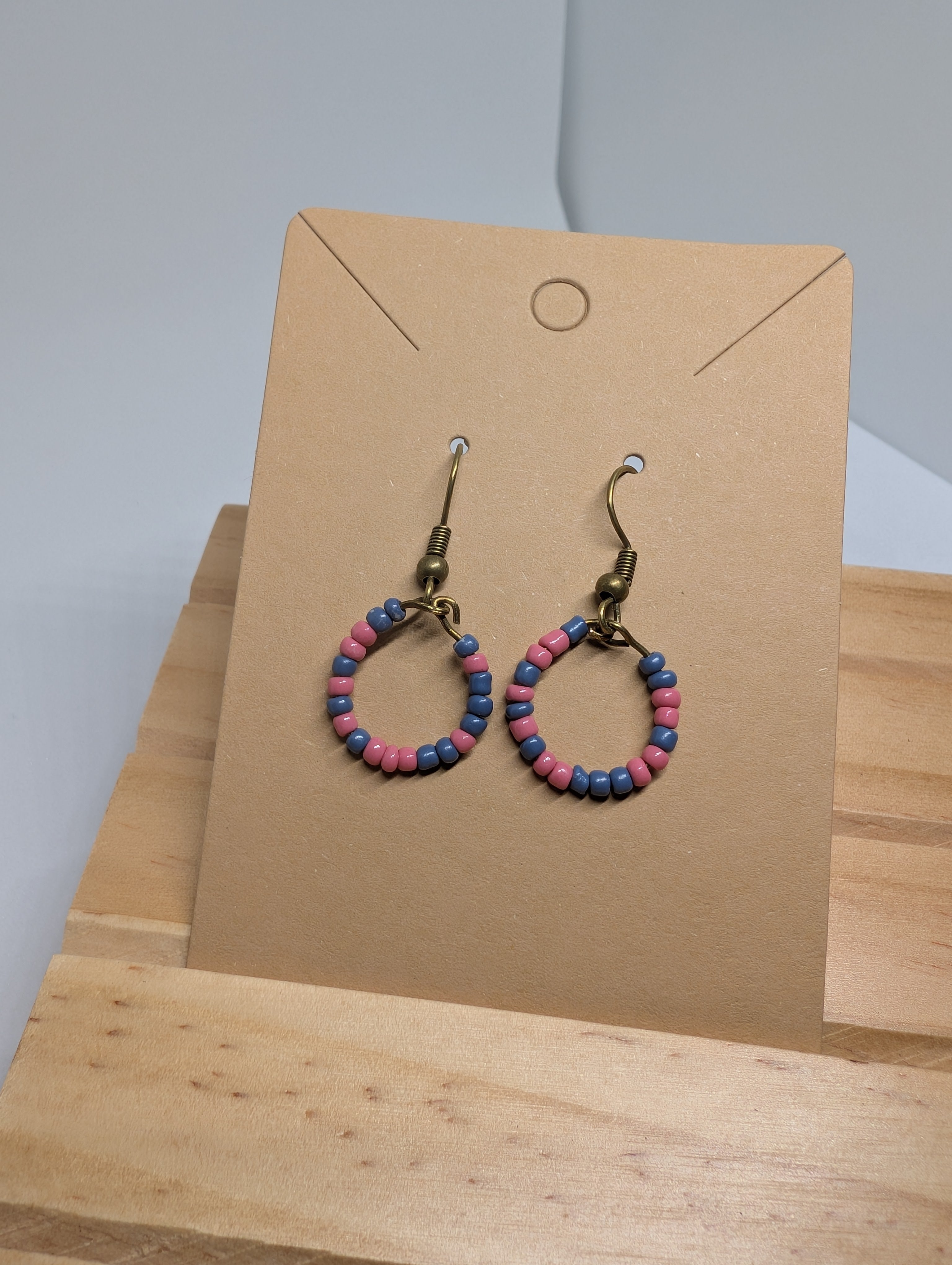 Dusty Rose And Denim, handmade beaded earrings in pink, blue and bronze