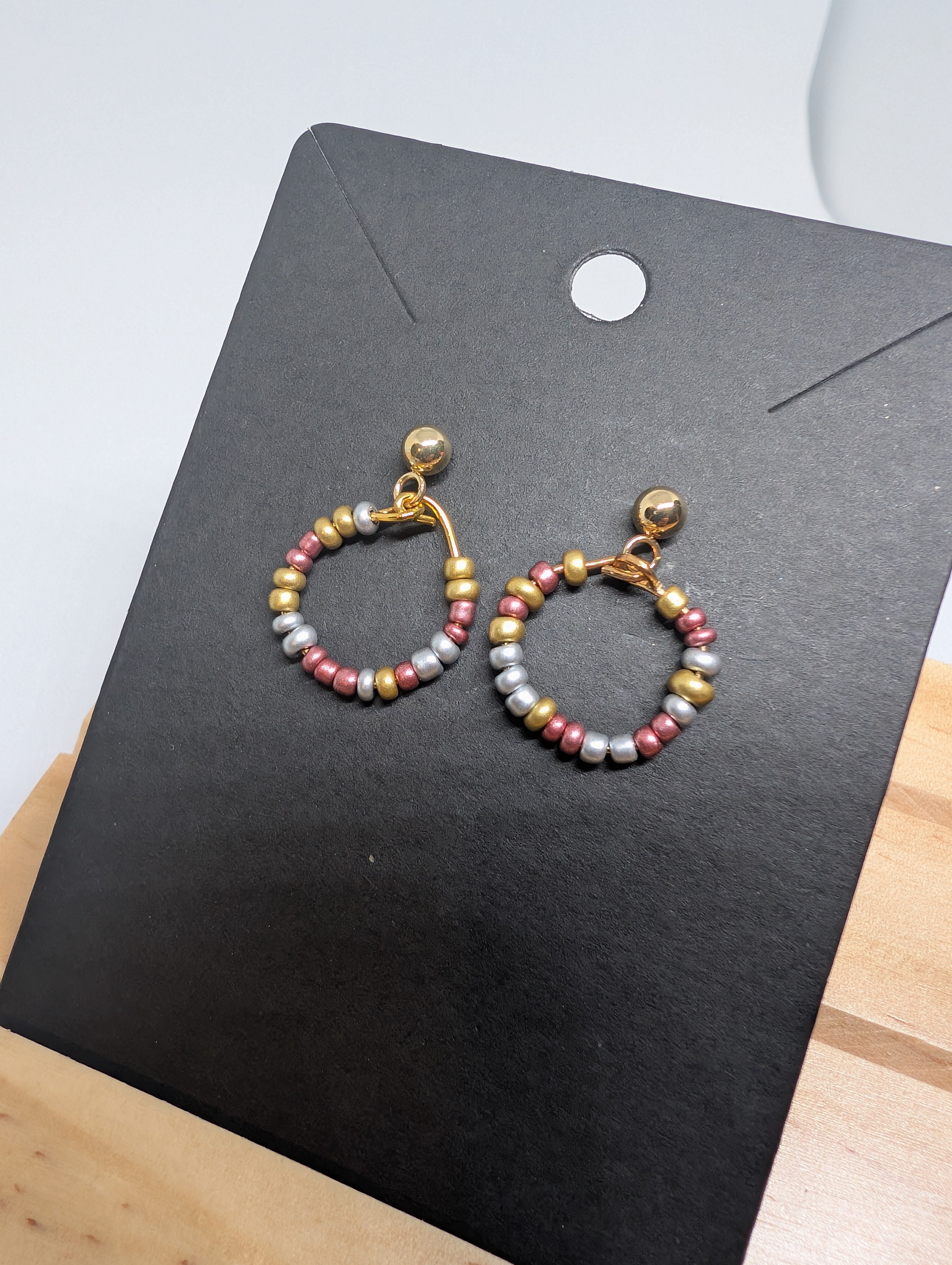 Metallic Blush Ring, handmade beaded earrings in rose gold, gold, silver and pink