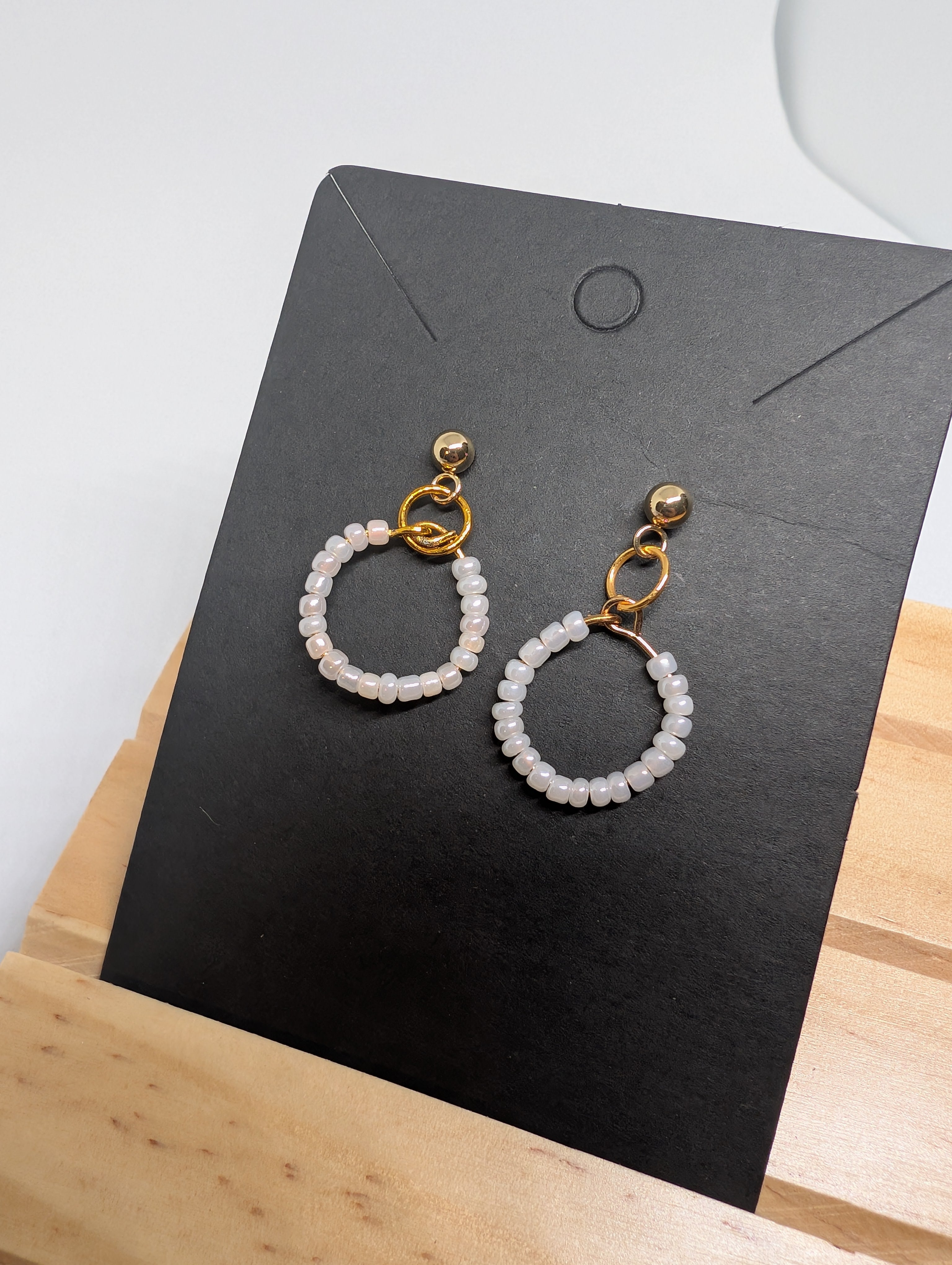 Pearl White Mini Hoop, handmade beaded earrings in white and gold