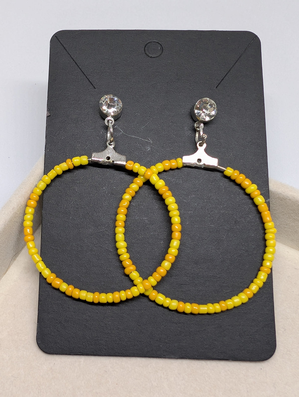 Marigold Beaded Hoops, handmade beaded earrings in yellow, orange and silver