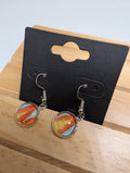 Sunset Stripe Discs, handmade beaded earrings in orange, blue, yellow and red