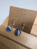 Split Sky Discs, handmade beaded earrings in blue, white and silver