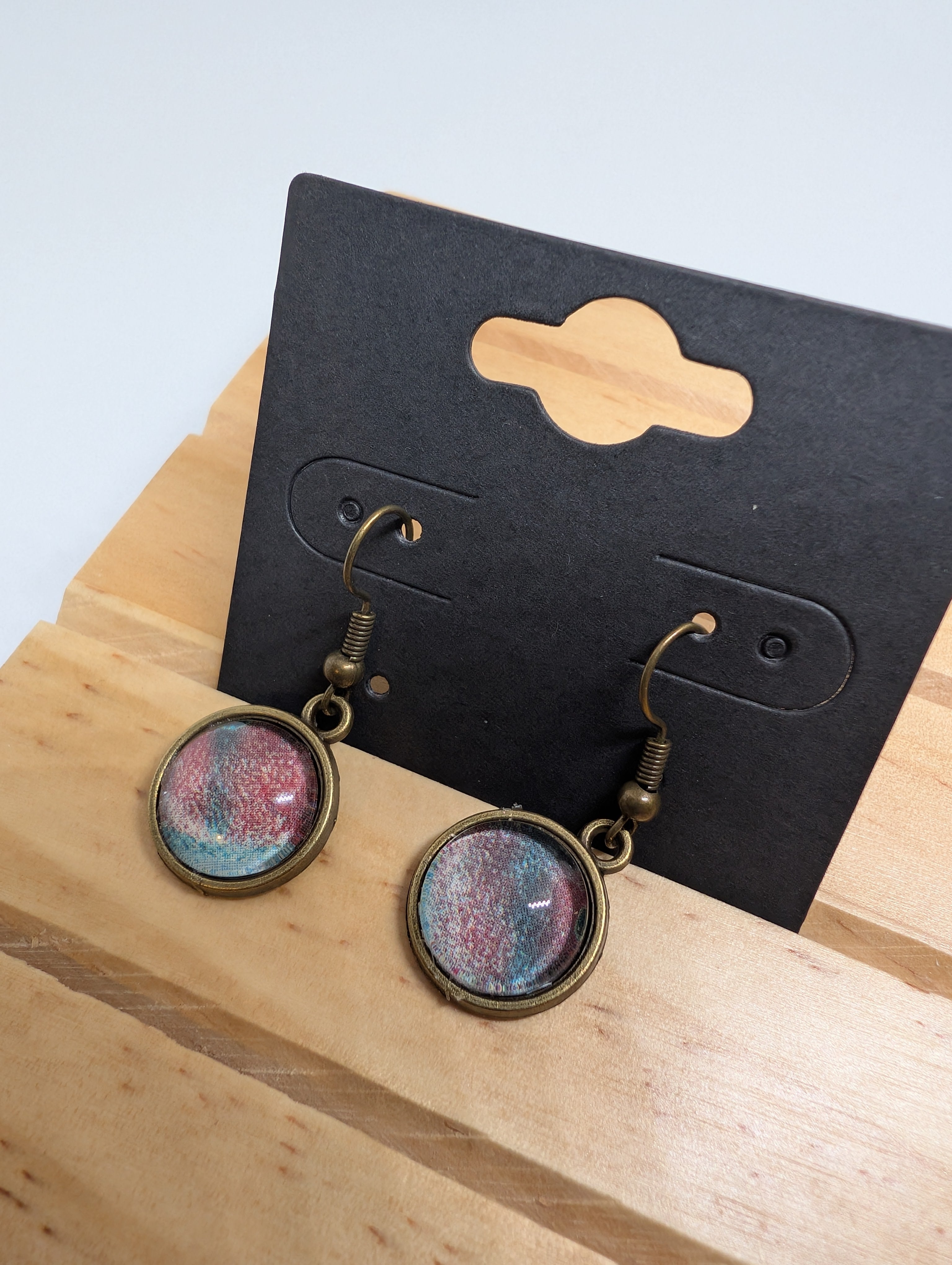 Dusty Rose Haze, handmade beaded earrings in pink, blue and bronze